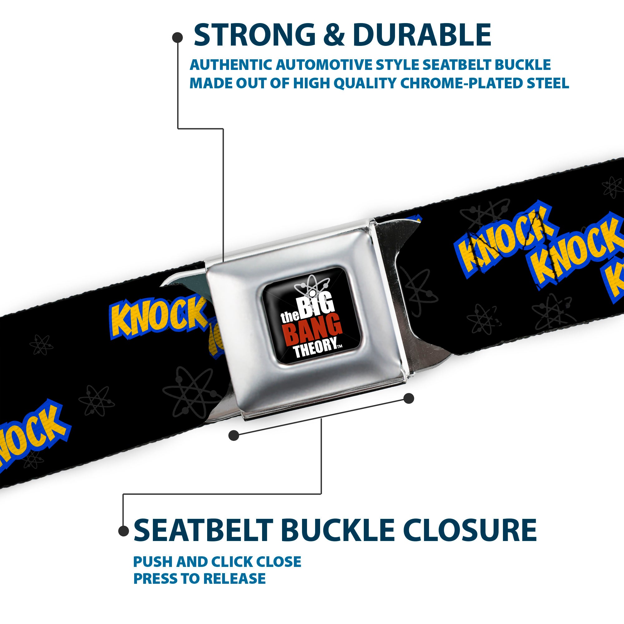 THE BIG BANG THEORY Full Color Black White Red Seatbelt Belt - KNOCK KNOCK KNOCK/Atoms Black/Gray/Blue/Yellow Webbing Seatbelt Belts The Big Bang Theory