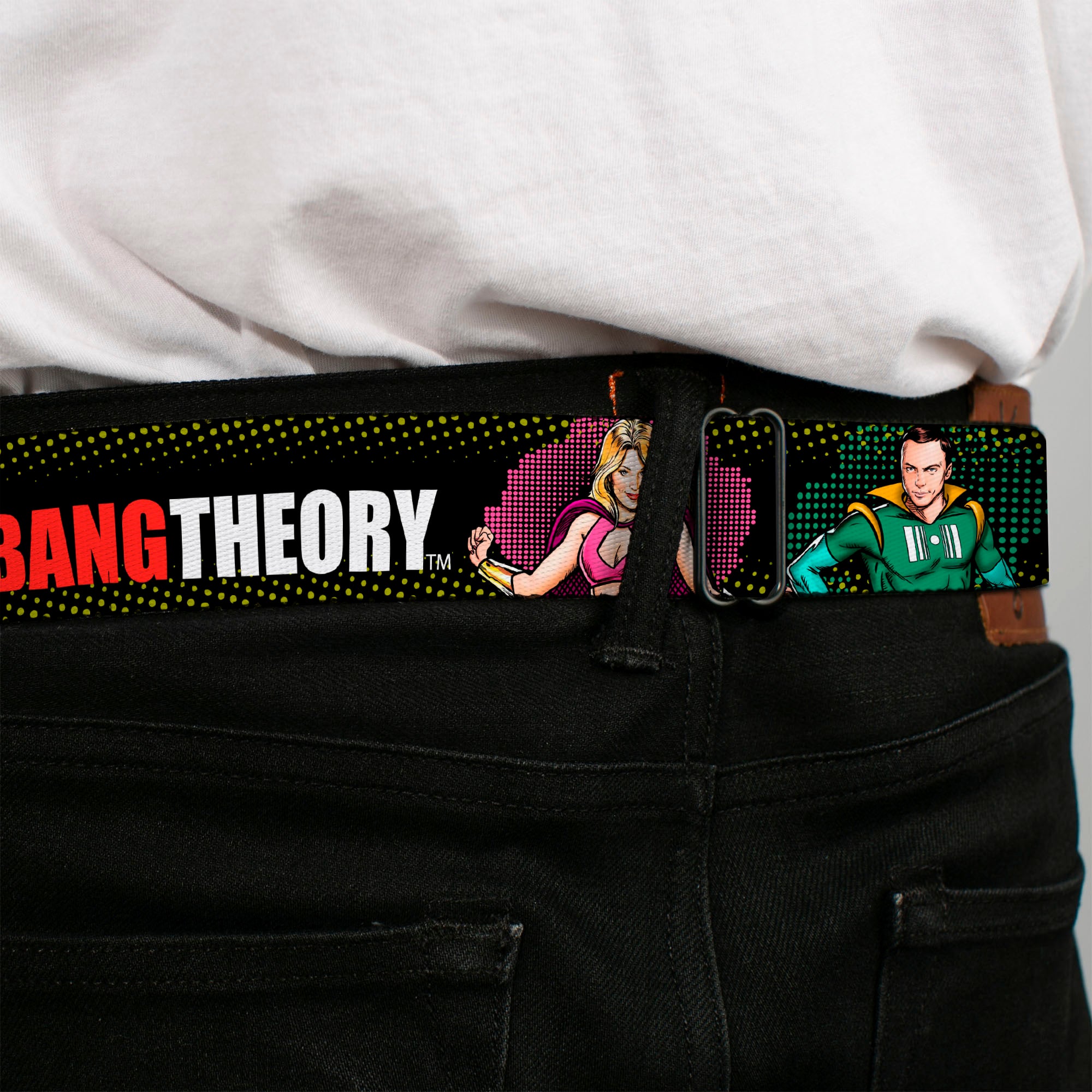 THE BIG BANG THEORY Full Color Black White Red Seatbelt Belt - THE BIG BANG THEORY Superhero Character Poses Black Webbing Seatbelt Belts The Big Bang Theory