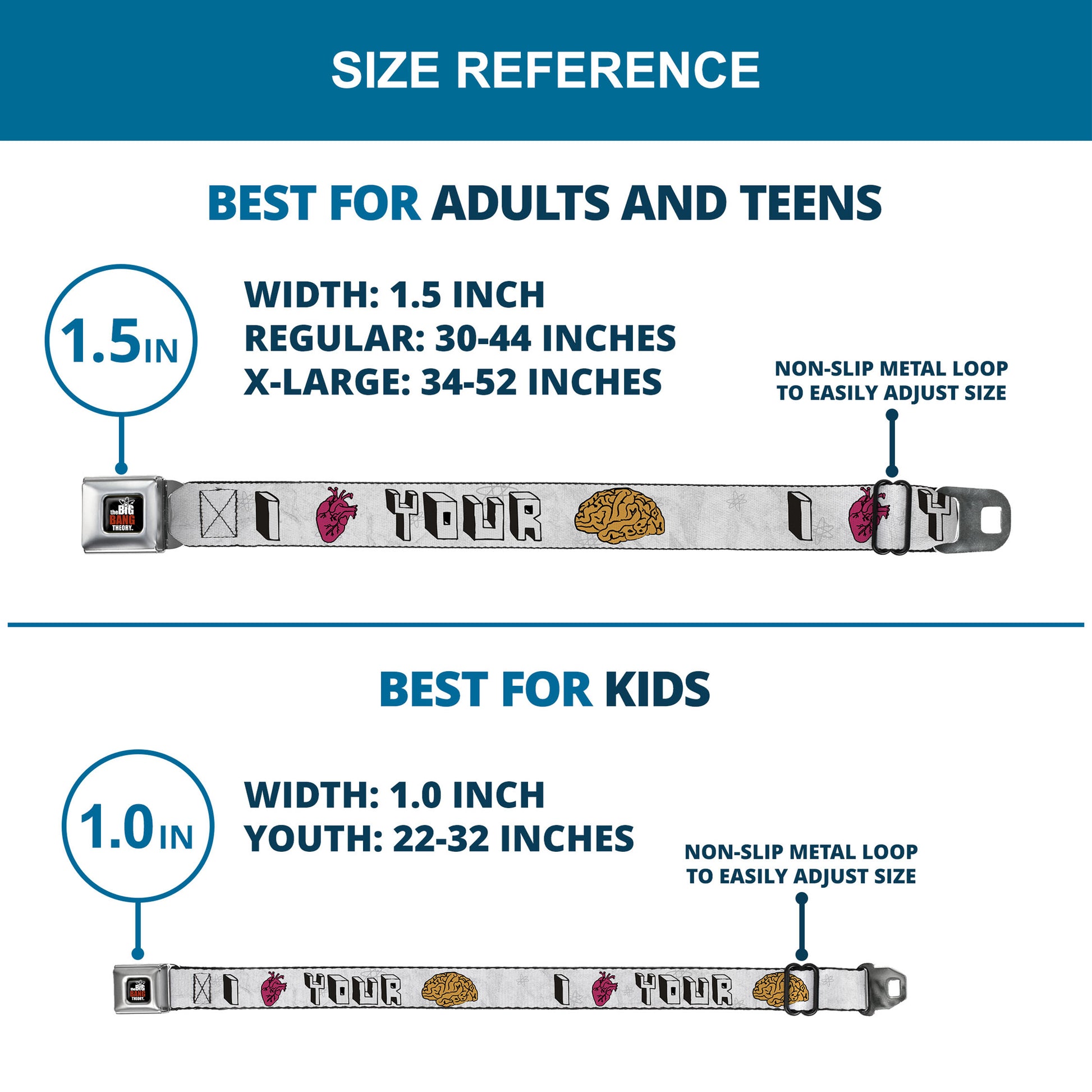 THE BIG BANG THEORY Full Color Black White Red Seatbelt Belt - I "HEART" YOUR "BRAIN" Sketch Webbing Seatbelt Belts The Big Bang Theory