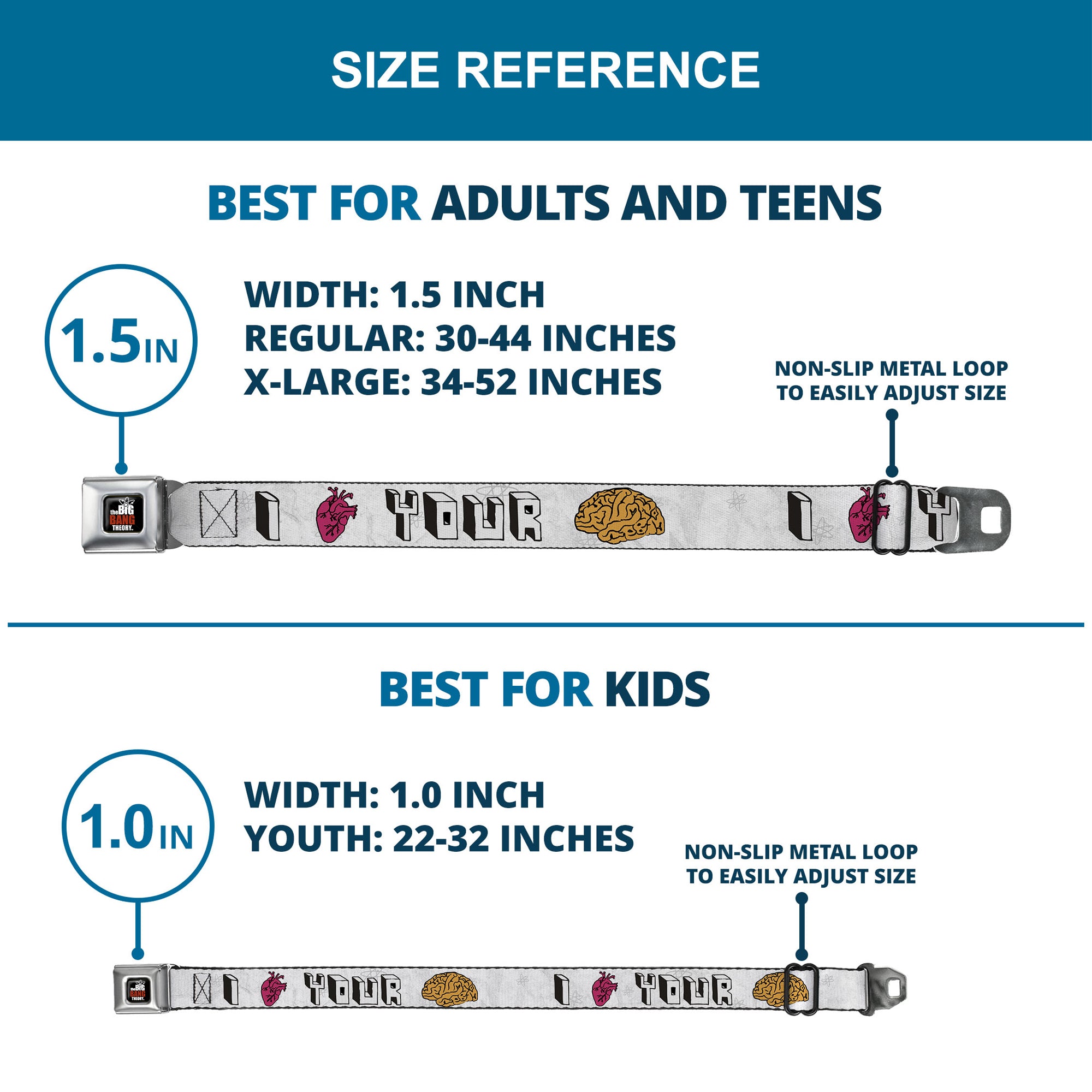 THE BIG BANG THEORY Full Color Black White Red Seatbelt Belt - I "HEART" YOUR "BRAIN" Sketch Webbing Seatbelt Belts The Big Bang Theory
