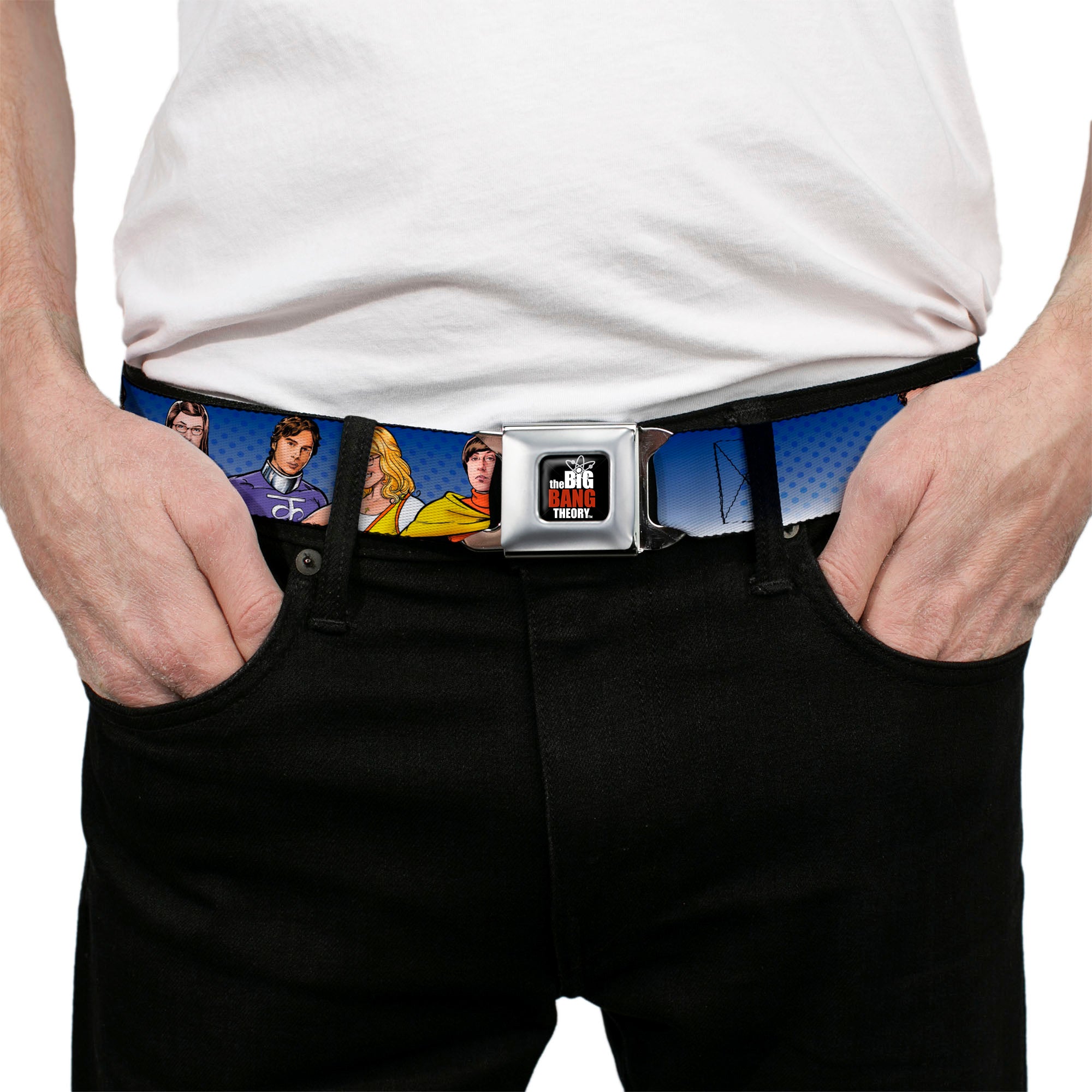 THE BIG BANG THEORY Full Color Black White Red Seatbelt Belt - The Big Bang Theory Superhero Characters Group Blue Dot Fade Webbing Seatbelt Belts The Big Bang Theory