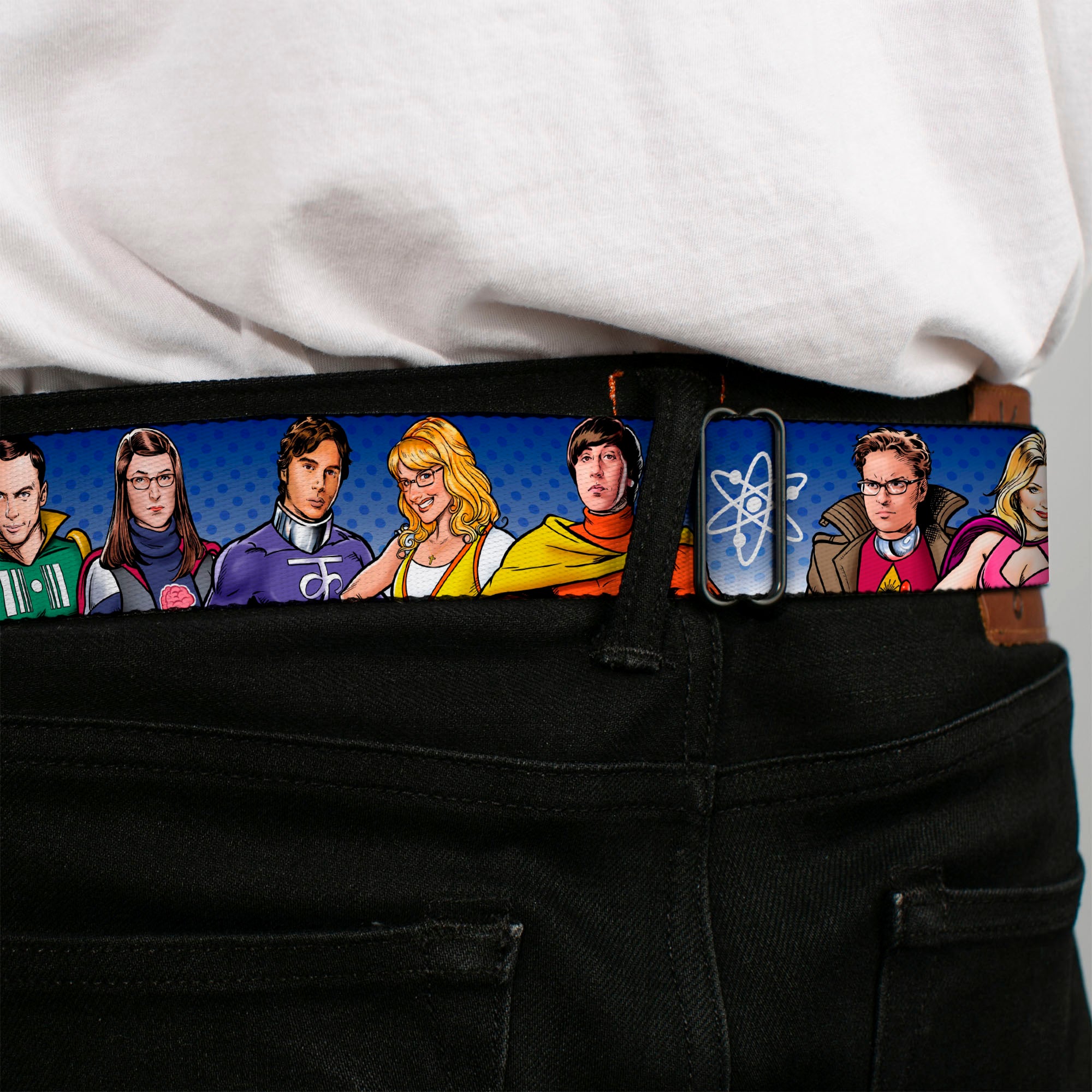 THE BIG BANG THEORY Full Color Black White Red Seatbelt Belt - The Big Bang Theory Superhero Characters Group Blue Dot Fade Webbing Seatbelt Belts The Big Bang Theory