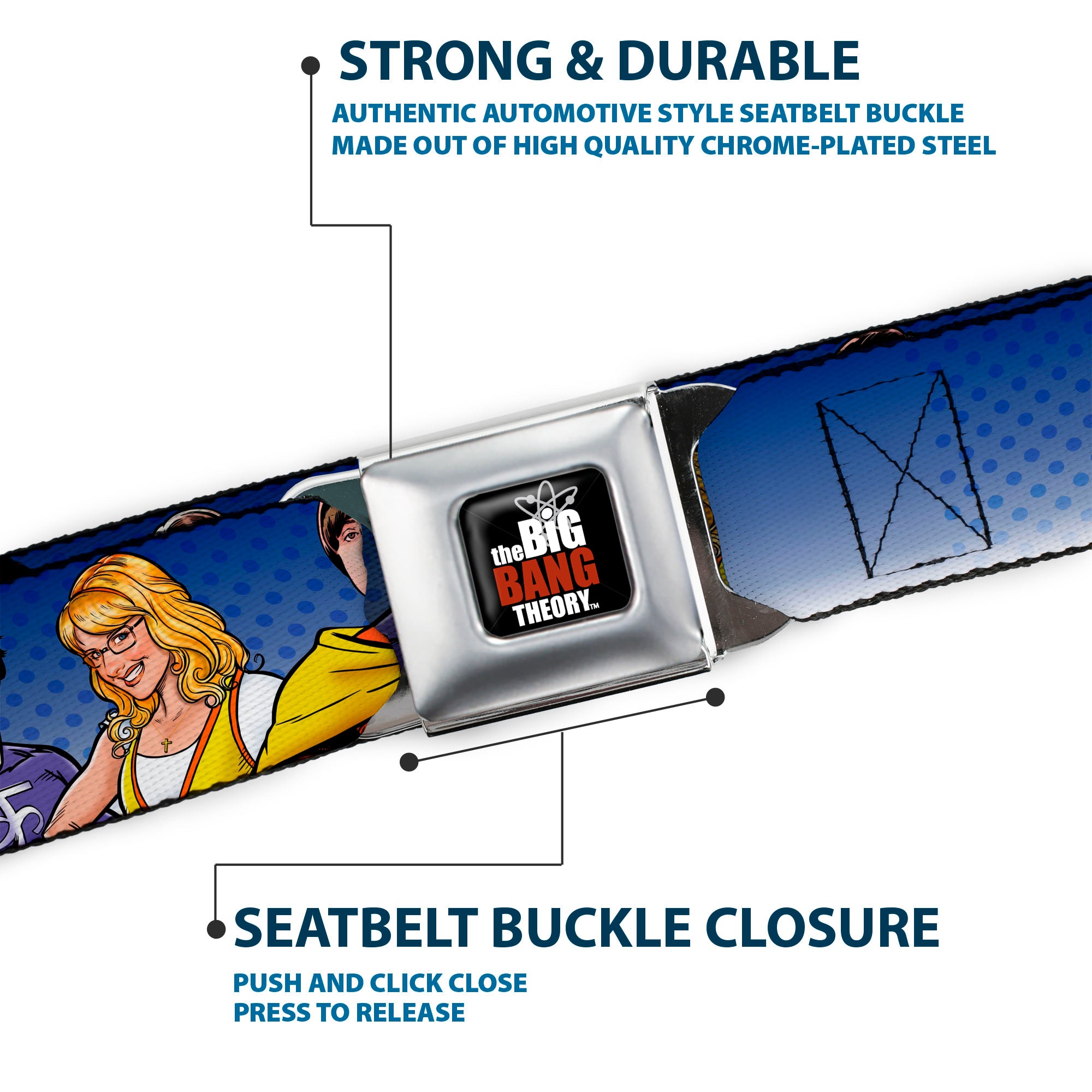 THE BIG BANG THEORY Full Color Black White Red Seatbelt Belt - The Big Bang Theory Superhero Characters Group Blue Dot Fade Webbing Seatbelt Belts The Big Bang Theory