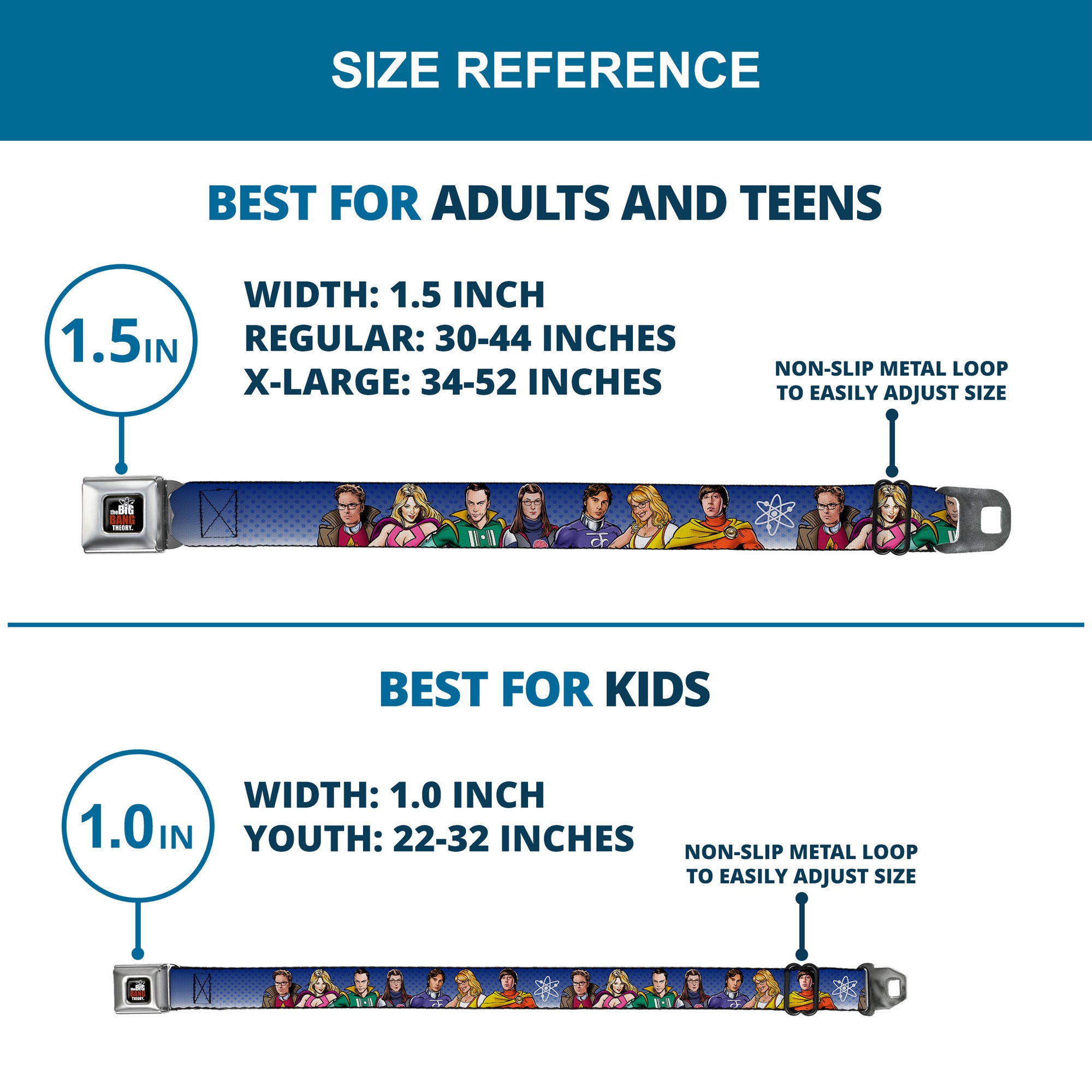 THE BIG BANG THEORY Full Color Black White Red Seatbelt Belt - The Big Bang Theory Superhero Characters Group Blue Dot Fade Webbing Seatbelt Belts The Big Bang Theory