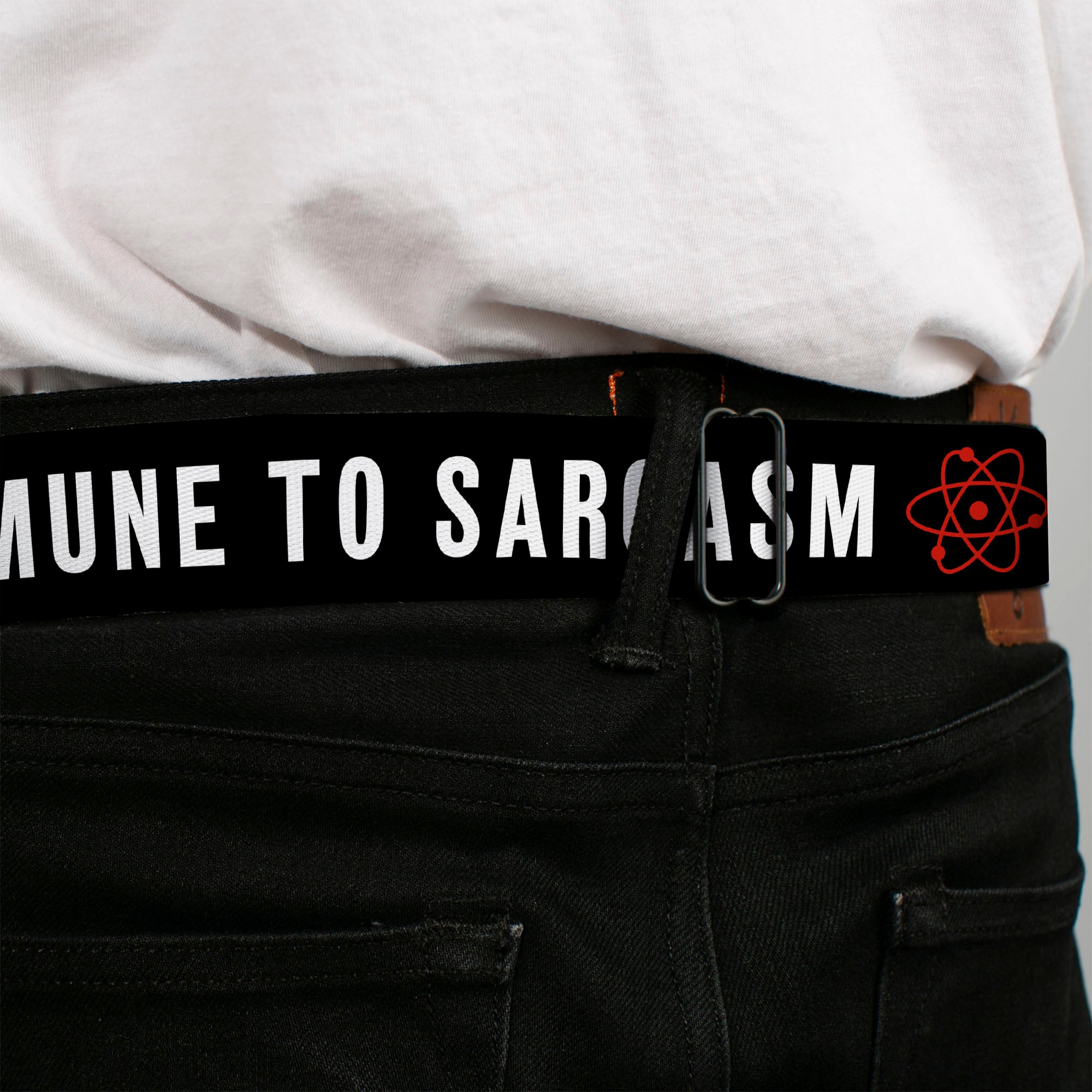 THE BIG BANG THEORY Full Color Black White Red Seatbelt Belt - IMMUNE TO SARCASM/Atom Black/White/Red Webbing Seatbelt Belts The Big Bang Theory
