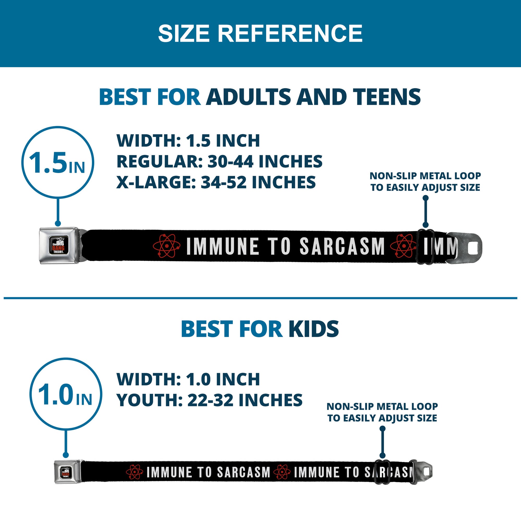 THE BIG BANG THEORY Full Color Black White Red Seatbelt Belt - IMMUNE TO SARCASM/Atom Black/White/Red Webbing Seatbelt Belts The Big Bang Theory