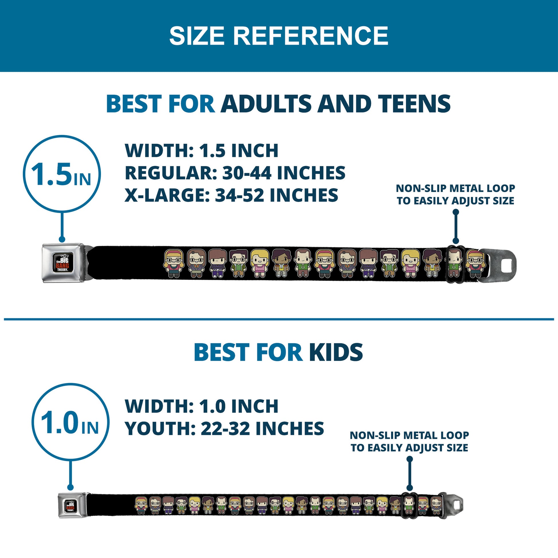 THE BIG BANG THEORY Full Color Black White Red Seatbelt Belt - Big Bang Theory Chibi Characters Black Webbing Seatbelt Belts The Big Bang Theory