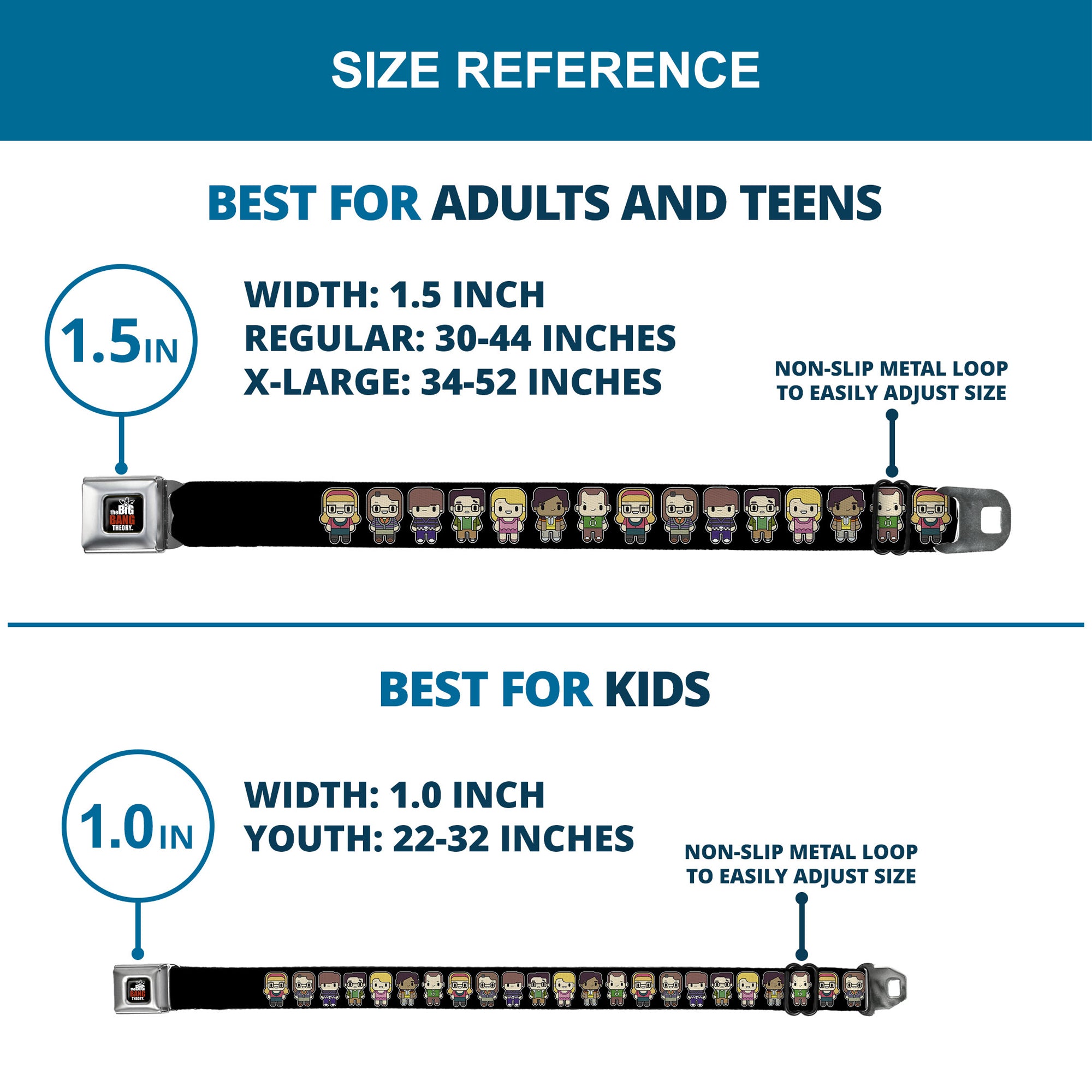 THE BIG BANG THEORY Full Color Black White Red Seatbelt Belt - Big Bang Theory Chibi Characters Black Webbing Seatbelt Belts The Big Bang Theory