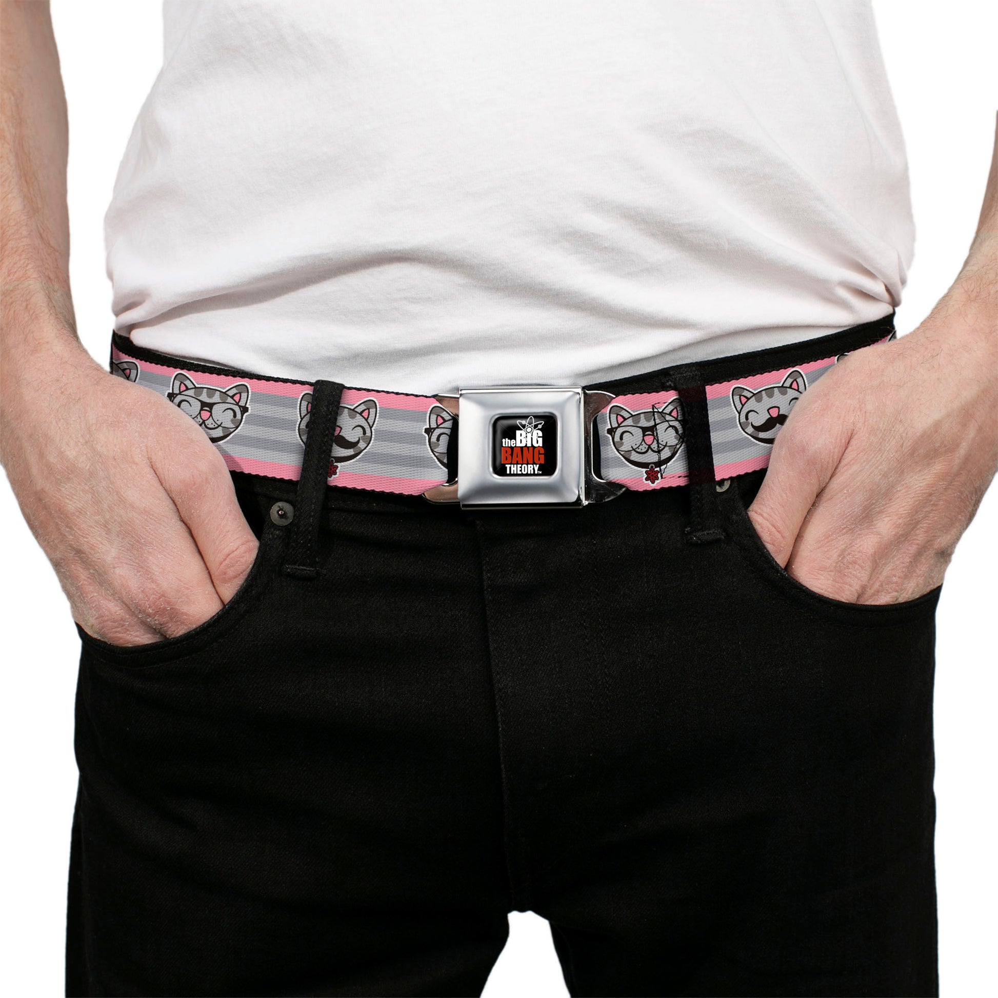 THE BIG BANG THEORY Full Color Black White Red Seatbelt Belt - Soft Kitty Nerd/Mustacho Expressions Stripe Grays Webbing Seatbelt Belts The Big Bang Theory