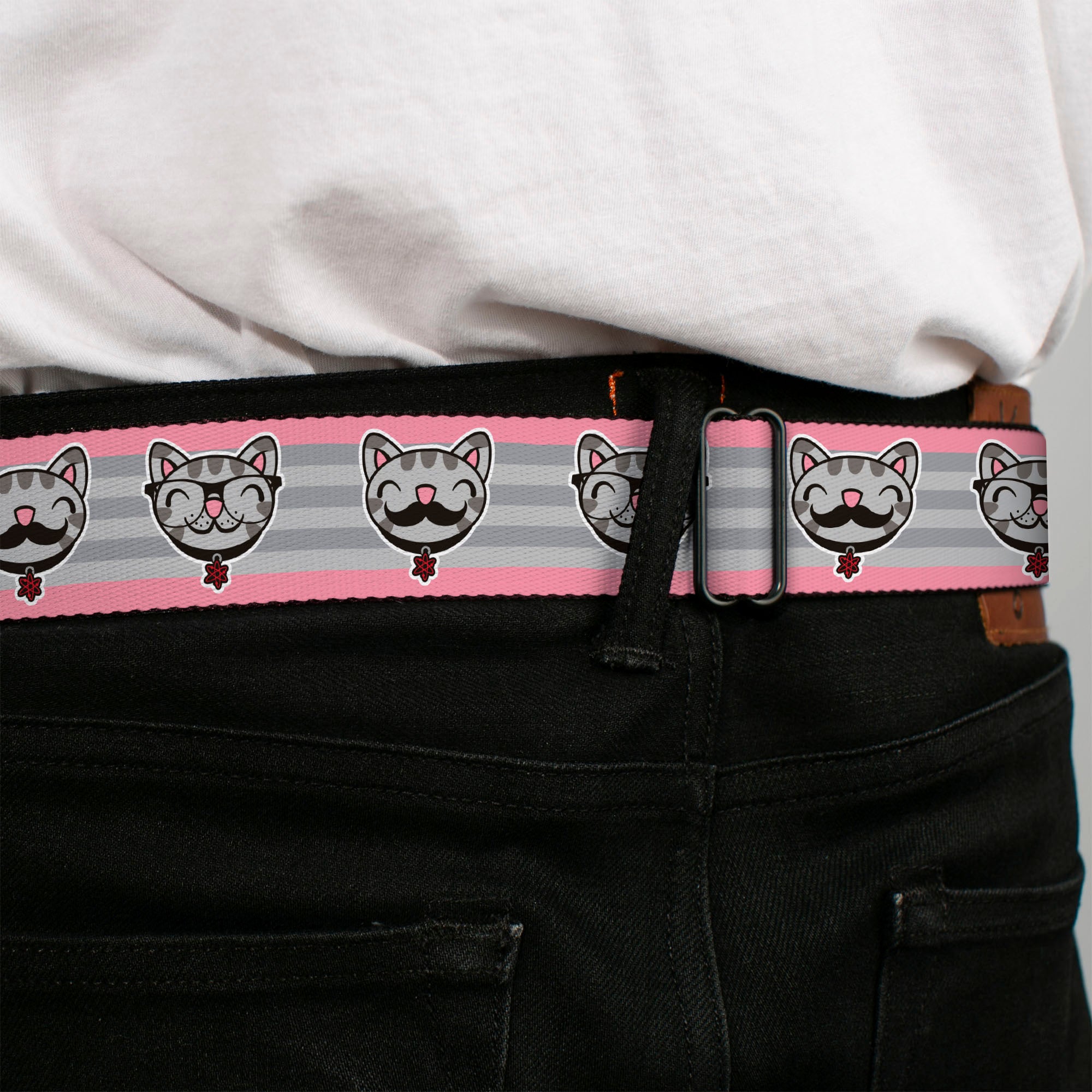 THE BIG BANG THEORY Full Color Black White Red Seatbelt Belt - Soft Kitty Nerd/Mustacho Expressions Stripe Grays Webbing Seatbelt Belts The Big Bang Theory