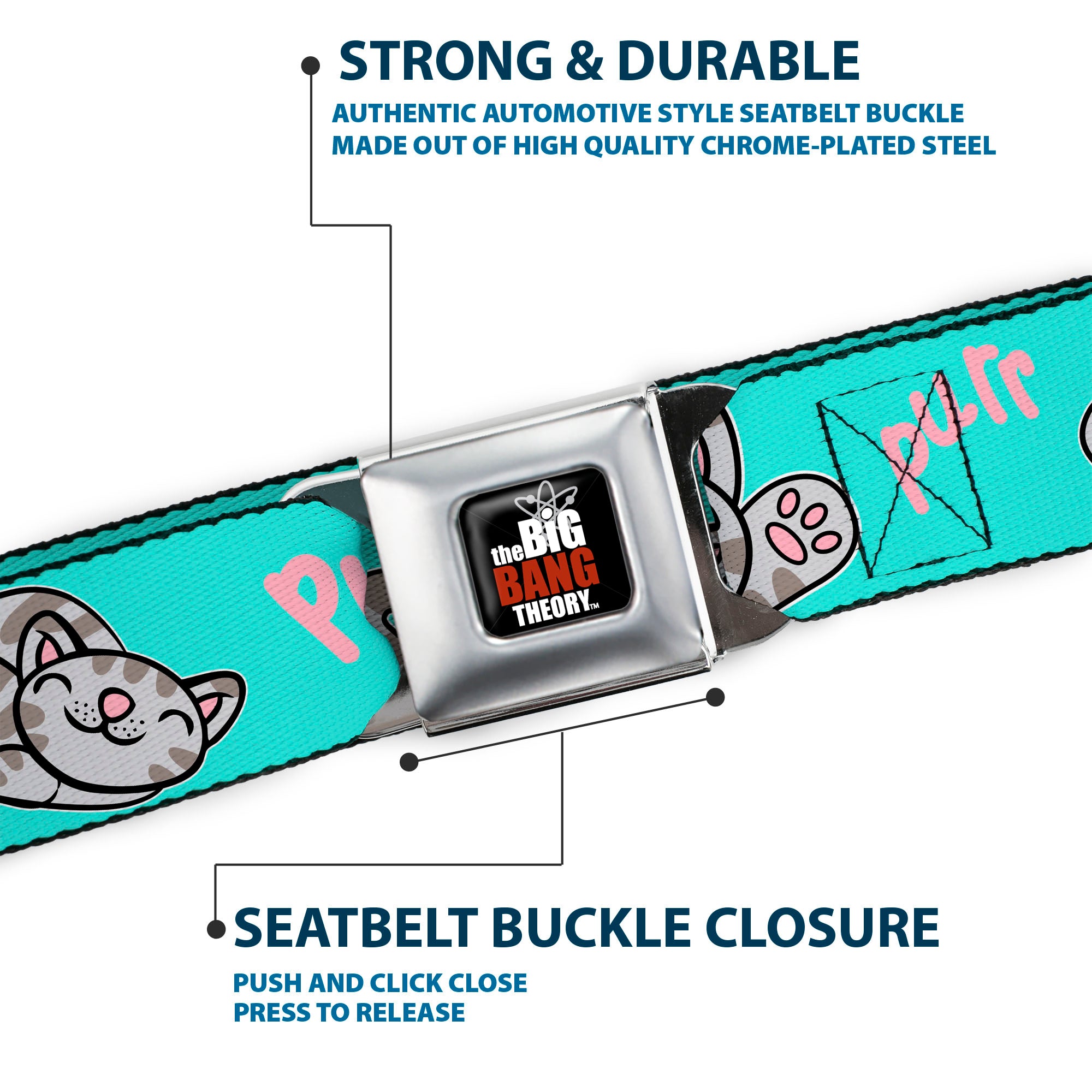 THE BIG BANG THEORY Full Color Black White Red Seatbelt Belt - Soft Kitty Poses Pale Turquoise/Pink Webbing Seatbelt Belts The Big Bang Theory