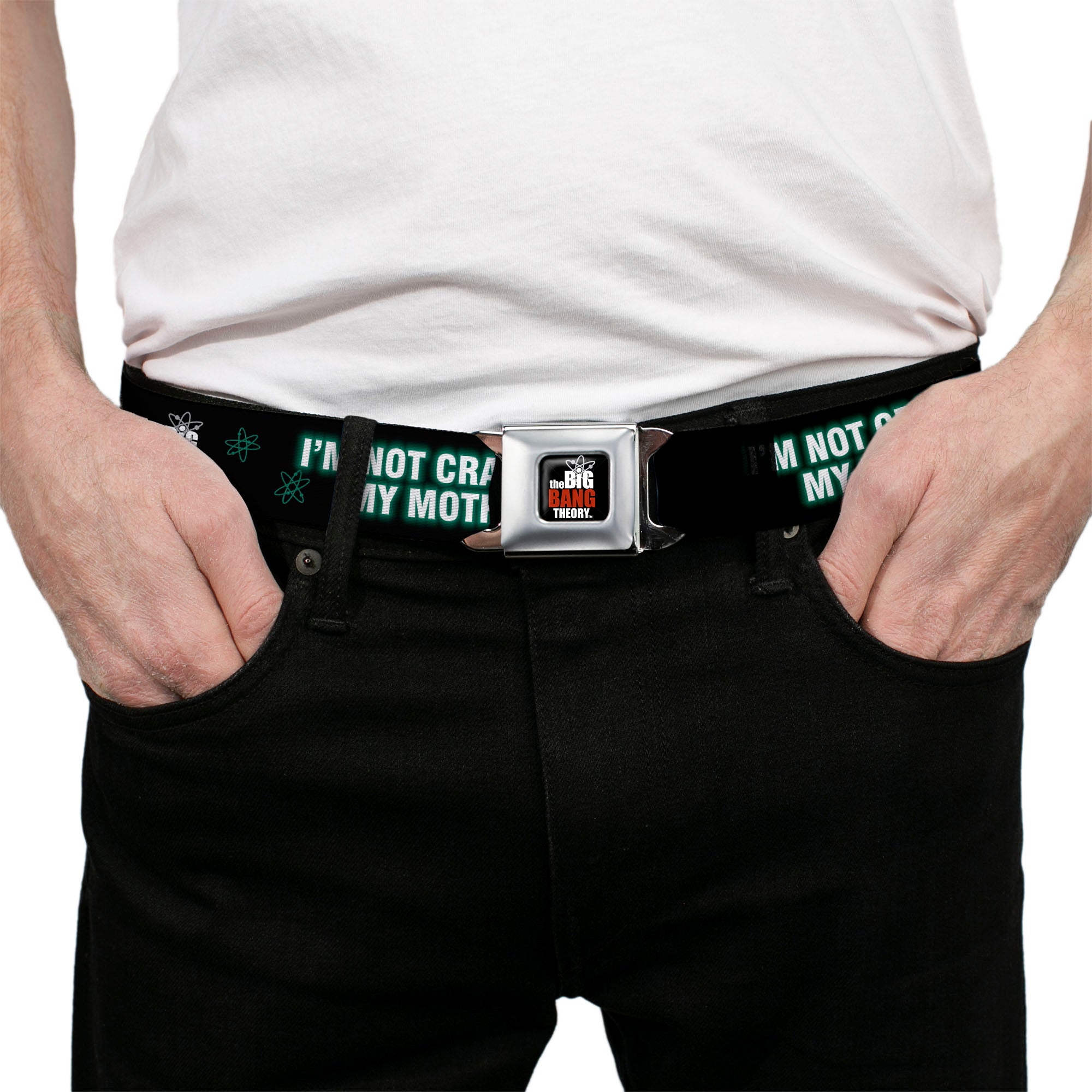 THE BIG BANG THEORY Full Color Black White Red Seatbelt Belt - BBT Logo I'M NOT CRAZY, MY MOTHER HAD ME TESTED! Webbing Seatbelt Belts The Big Bang Theory