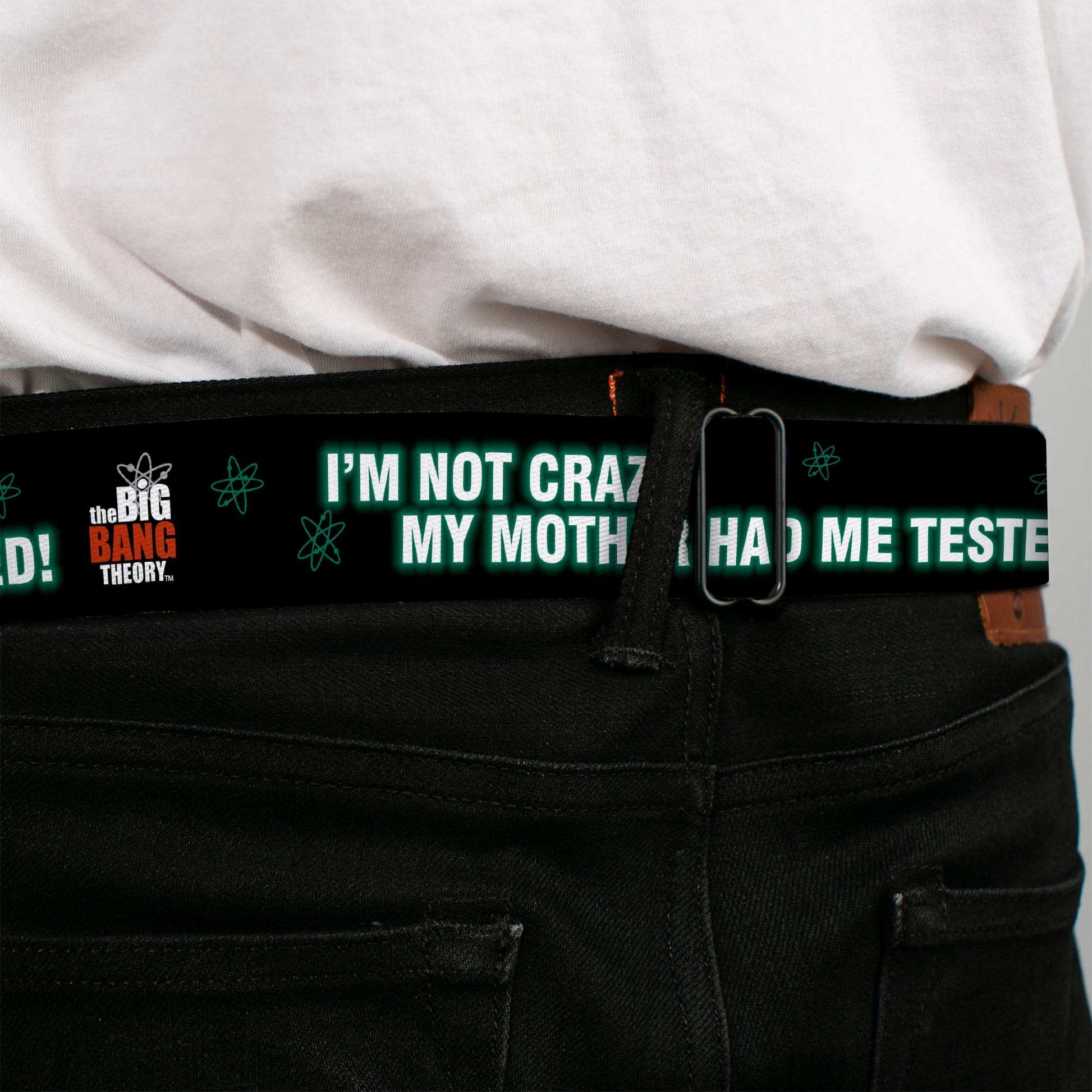 THE BIG BANG THEORY Full Color Black White Red Seatbelt Belt - BBT Logo I'M NOT CRAZY, MY MOTHER HAD ME TESTED! Webbing Seatbelt Belts The Big Bang Theory