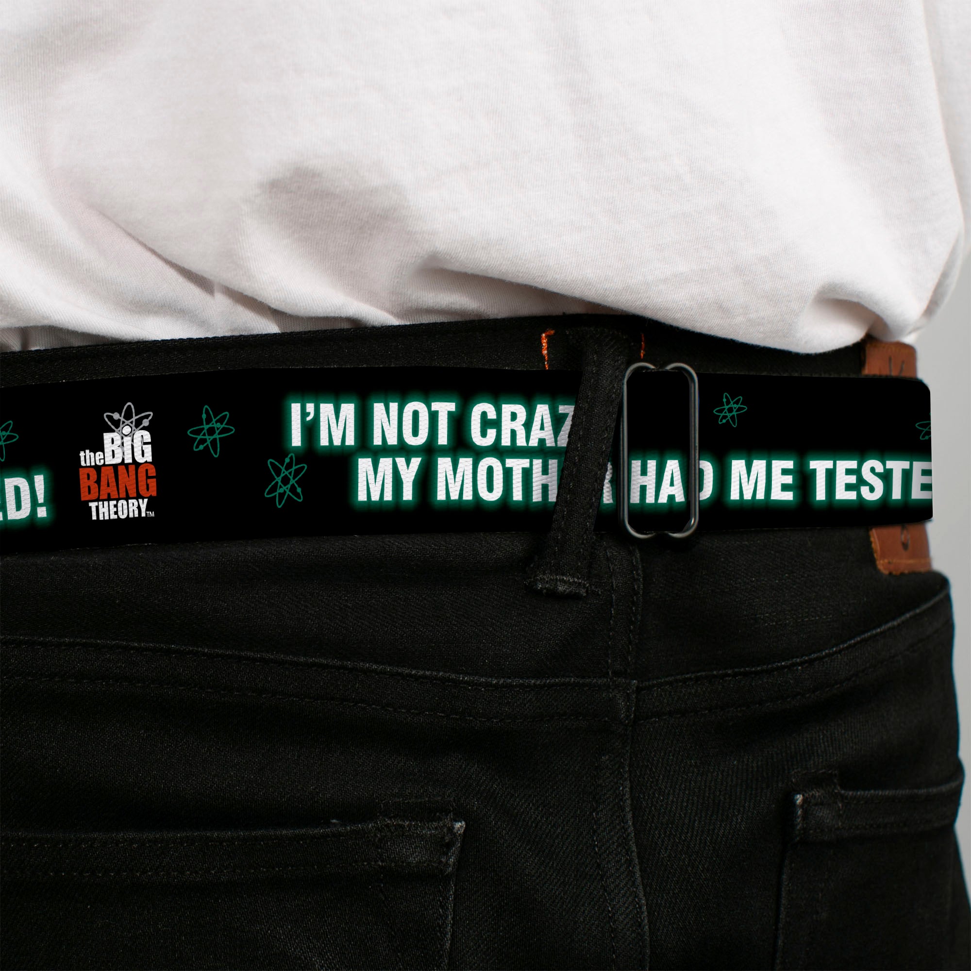 THE BIG BANG THEORY Full Color Black White Red Seatbelt Belt - BBT Logo I'M NOT CRAZY, MY MOTHER HAD ME TESTED! Webbing Seatbelt Belts The Big Bang Theory
