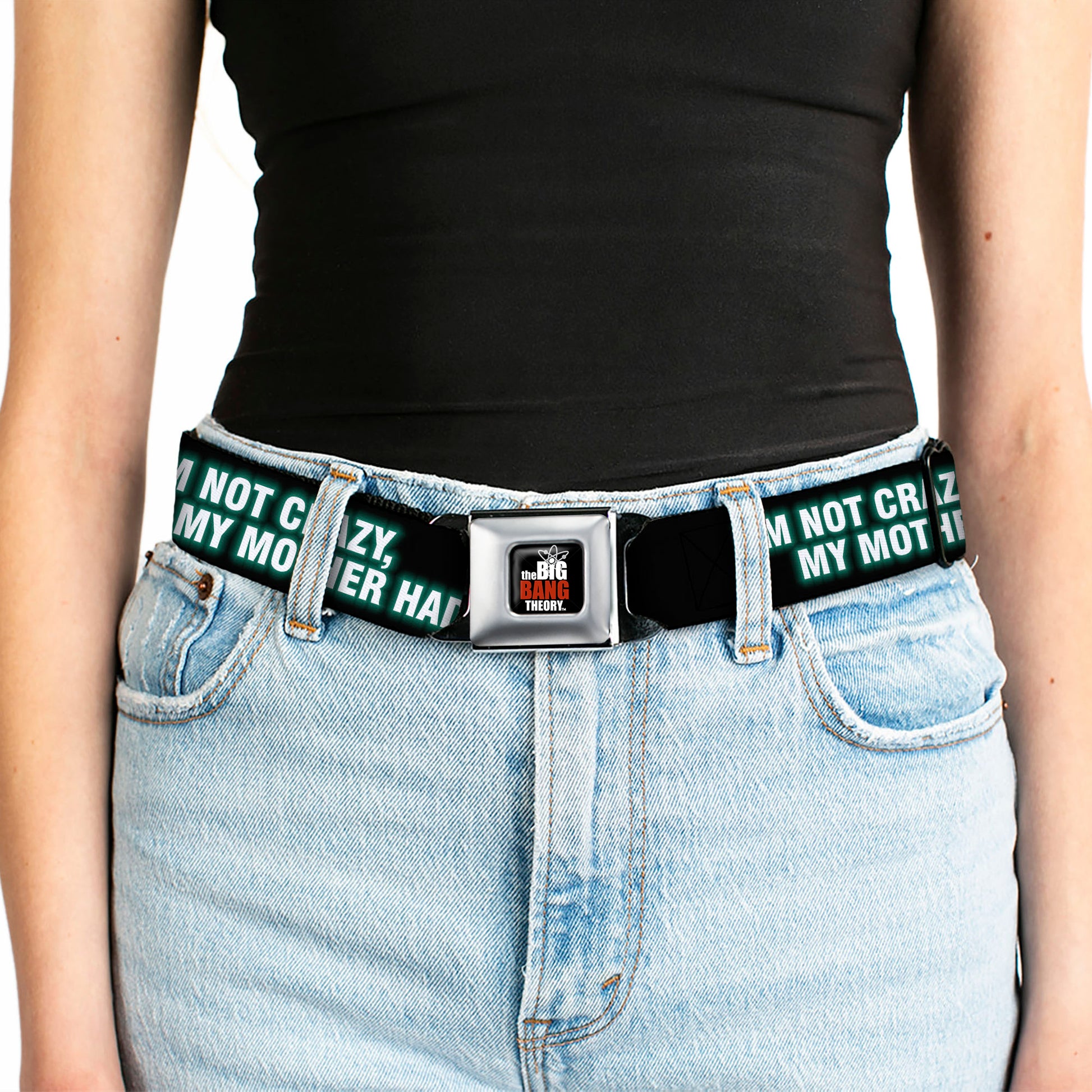 THE BIG BANG THEORY Full Color Black White Red Seatbelt Belt - BBT Logo I'M NOT CRAZY, MY MOTHER HAD ME TESTED! Webbing Seatbelt Belts The Big Bang Theory