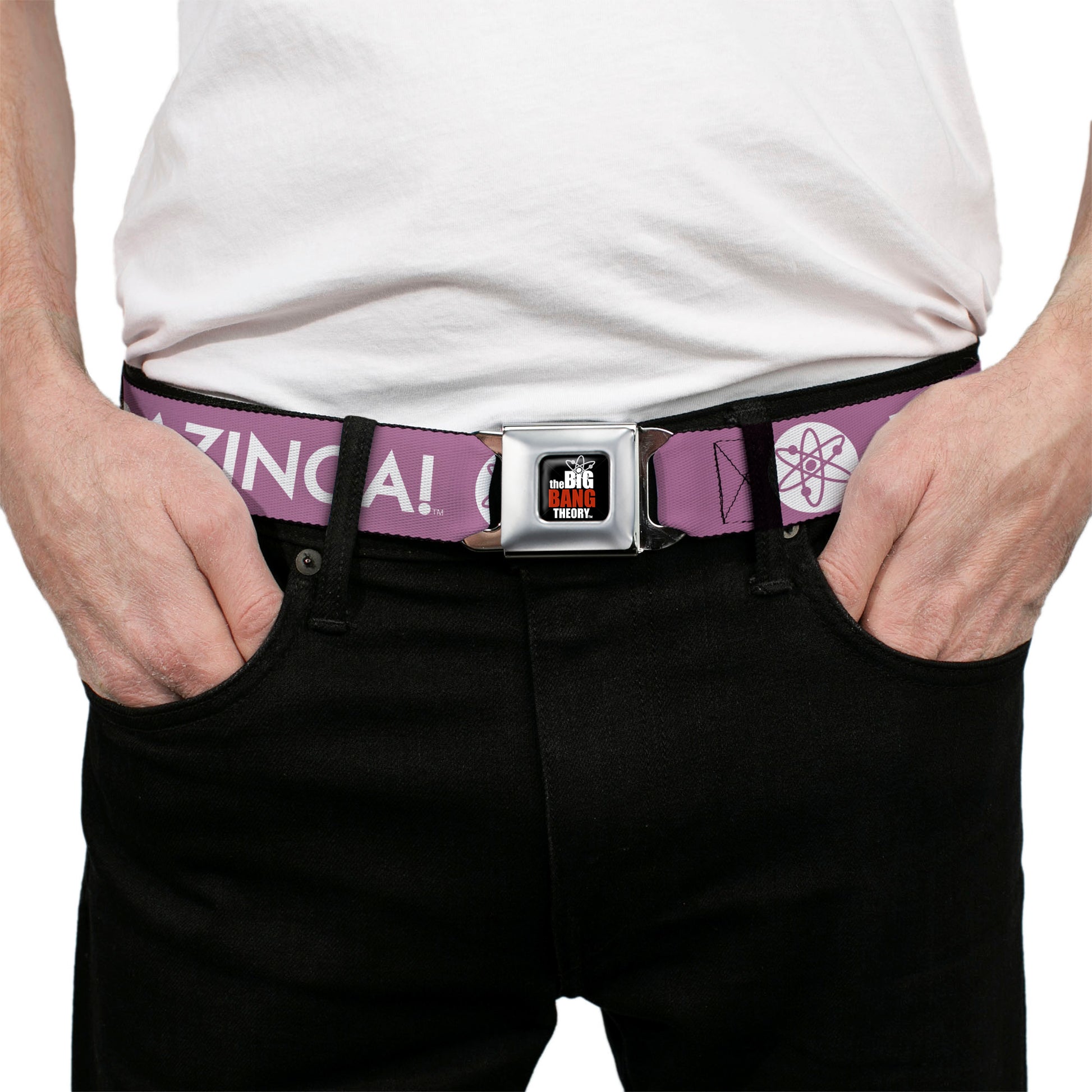 THE BIG BANG THEORY Full Color Black White Red Seatbelt Belt - BAZINGA! Atom Logo Lavender/White Webbing Seatbelt Belts The Big Bang Theory