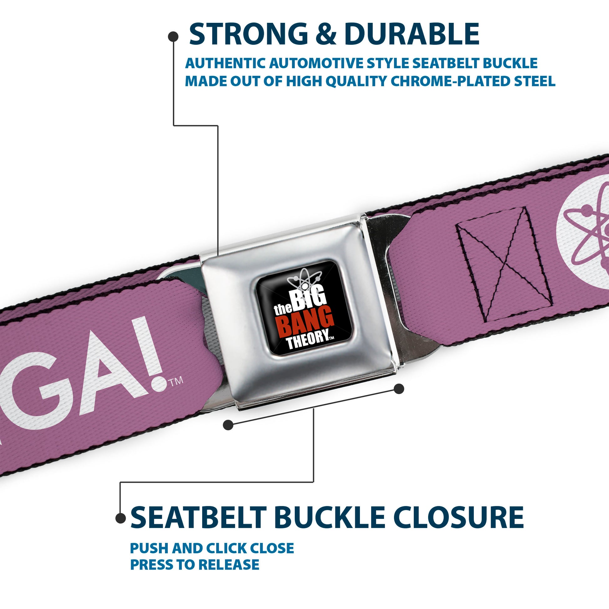THE BIG BANG THEORY Full Color Black White Red Seatbelt Belt - BAZINGA! Atom Logo Lavender/White Webbing Seatbelt Belts The Big Bang Theory