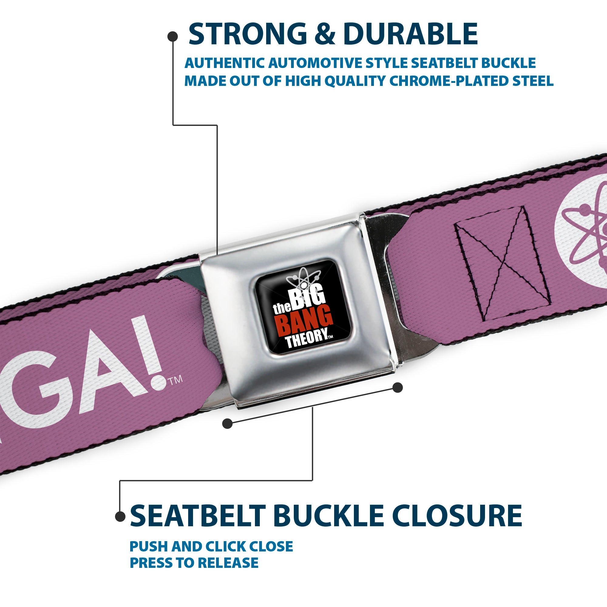 THE BIG BANG THEORY Full Color Black White Red Seatbelt Belt - BAZINGA! Atom Logo Lavender/White Webbing Seatbelt Belts The Big Bang Theory