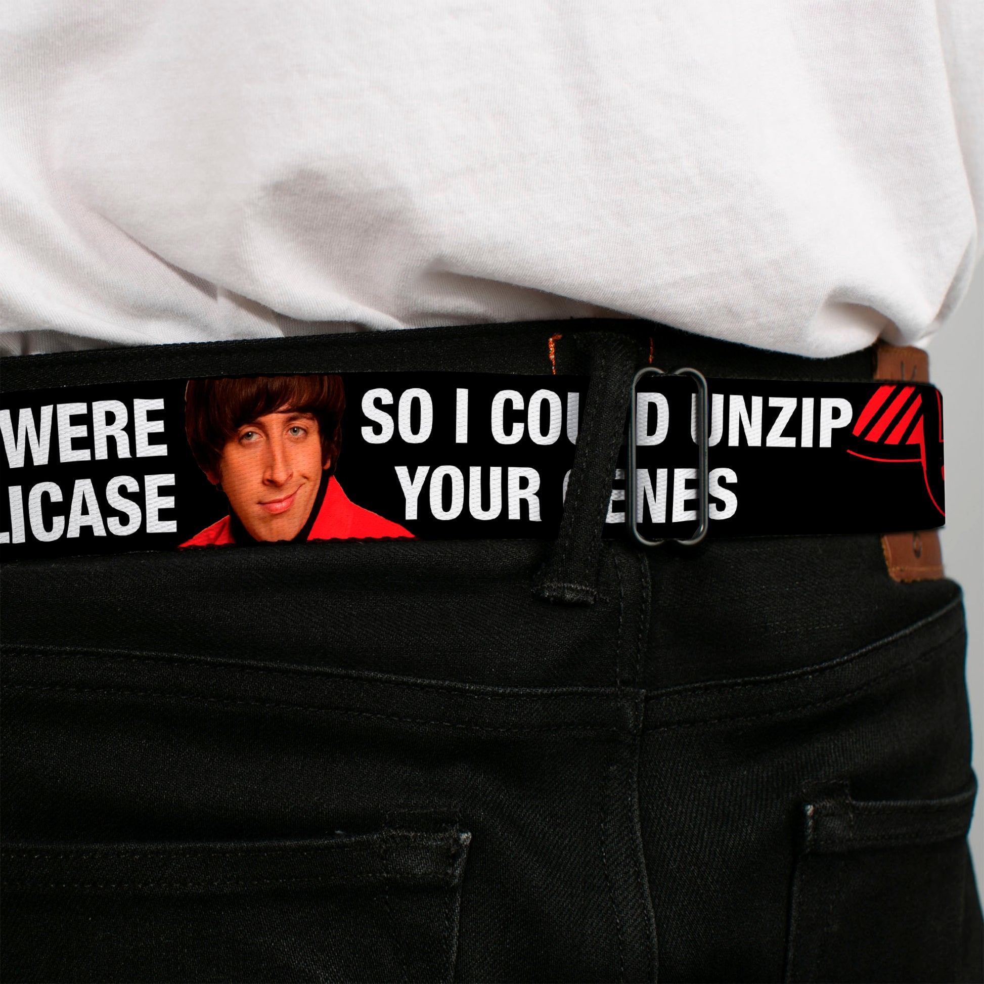 THE BIG BANG THEORY Full Color Black White Red Seatbelt Belt - Howard/Double Helix I WISH I WERE DNA HELICASE Black/White/Red Webbing Seatbelt Belts The Big Bang Theory