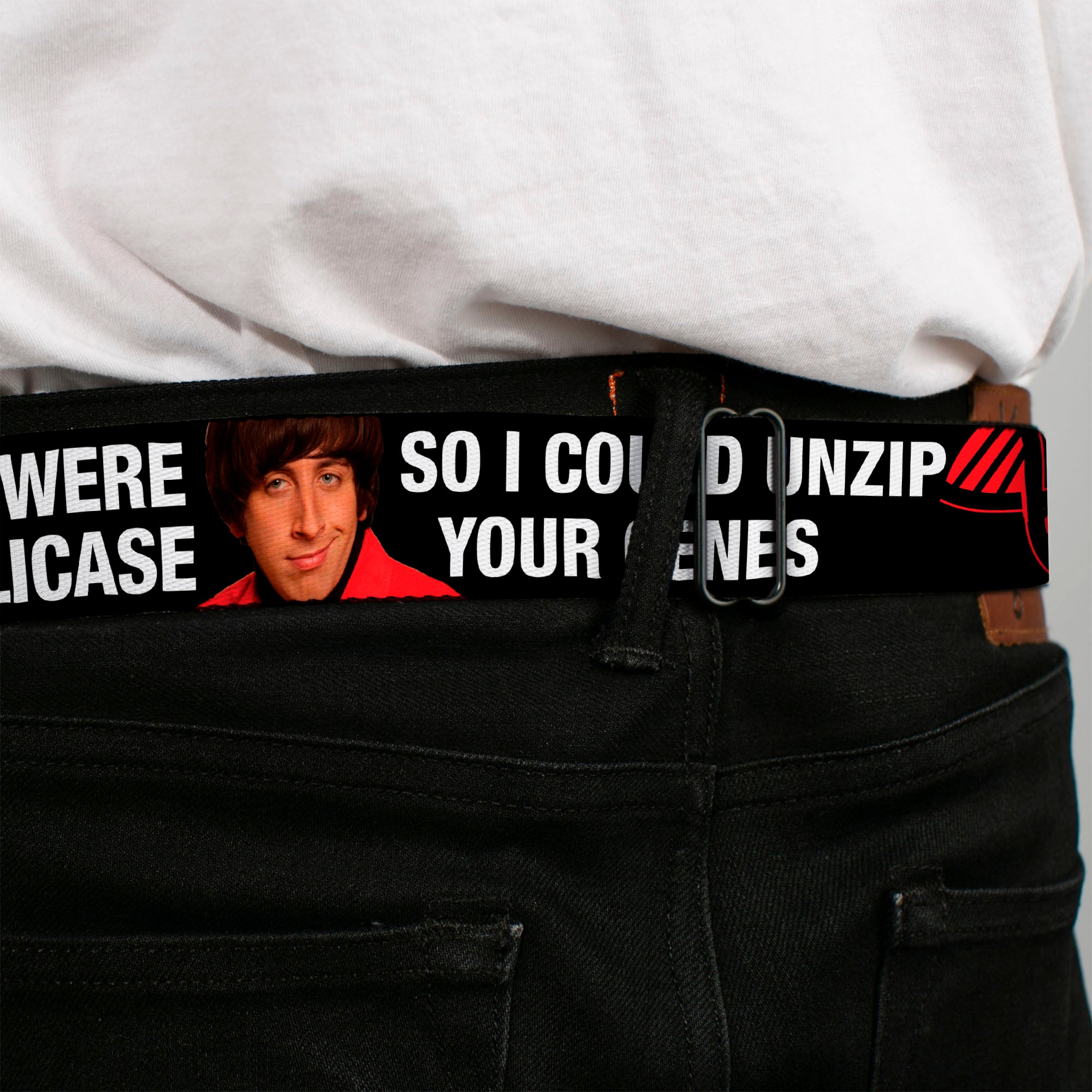 THE BIG BANG THEORY Full Color Black White Red Seatbelt Belt - Howard/Double Helix I WISH I WERE DNA HELICASE Black/White/Red Webbing Seatbelt Belts The Big Bang Theory