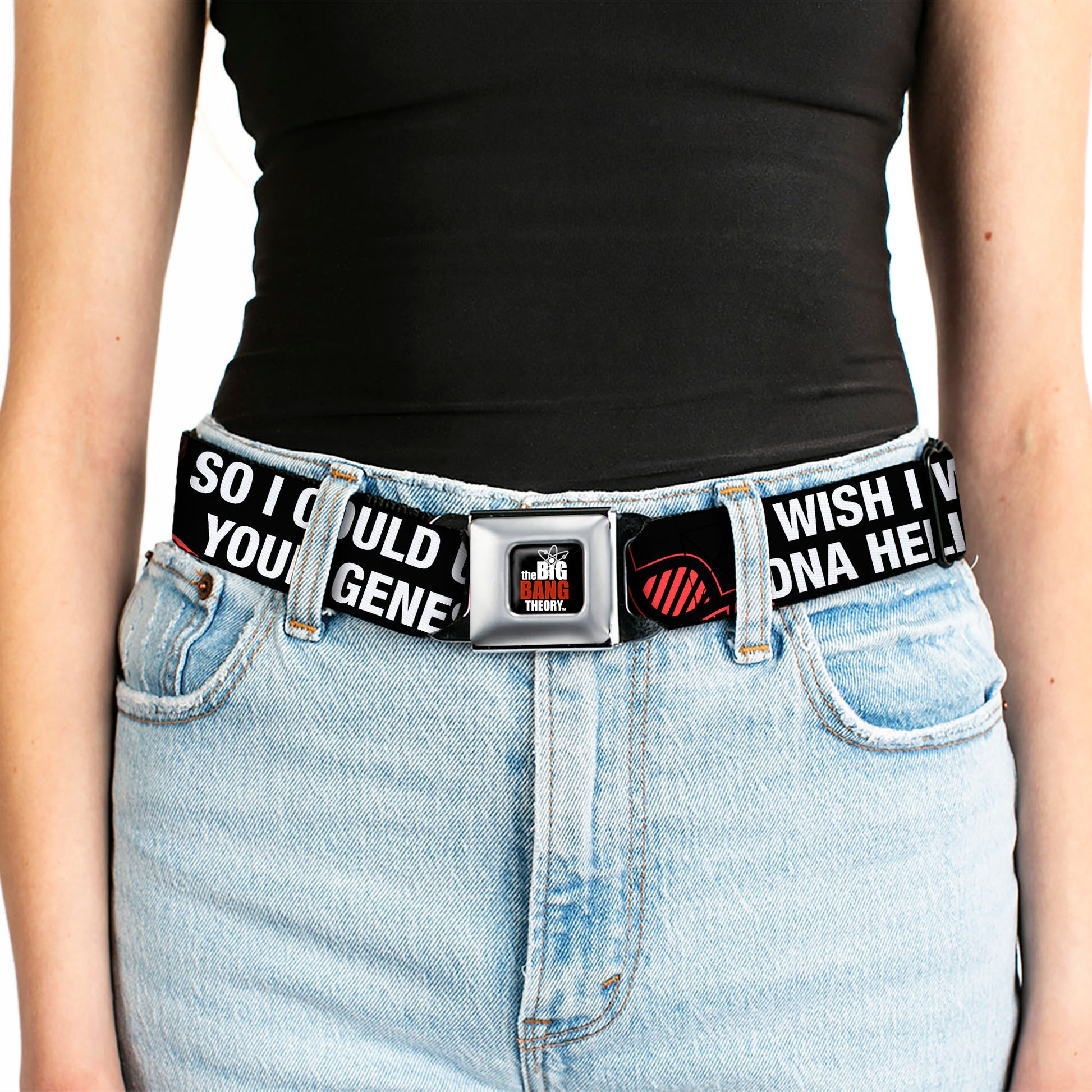THE BIG BANG THEORY Full Color Black White Red Seatbelt Belt - Howard/Double Helix I WISH I WERE DNA HELICASE Black/White/Red Webbing Seatbelt Belts The Big Bang Theory