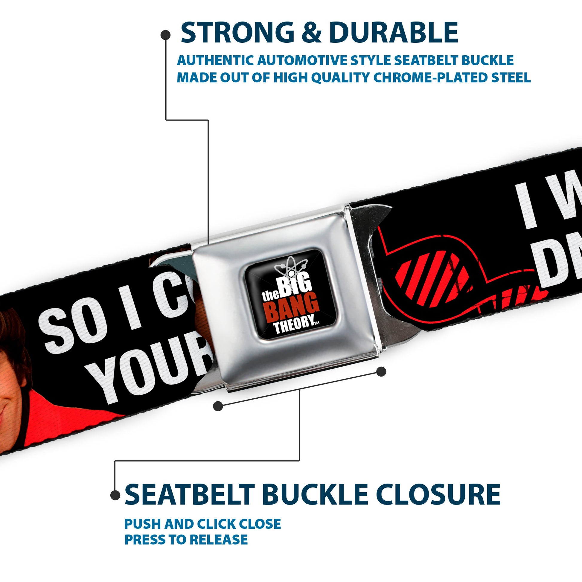 THE BIG BANG THEORY Full Color Black White Red Seatbelt Belt - Howard/Double Helix I WISH I WERE DNA HELICASE Black/White/Red Webbing Seatbelt Belts The Big Bang Theory