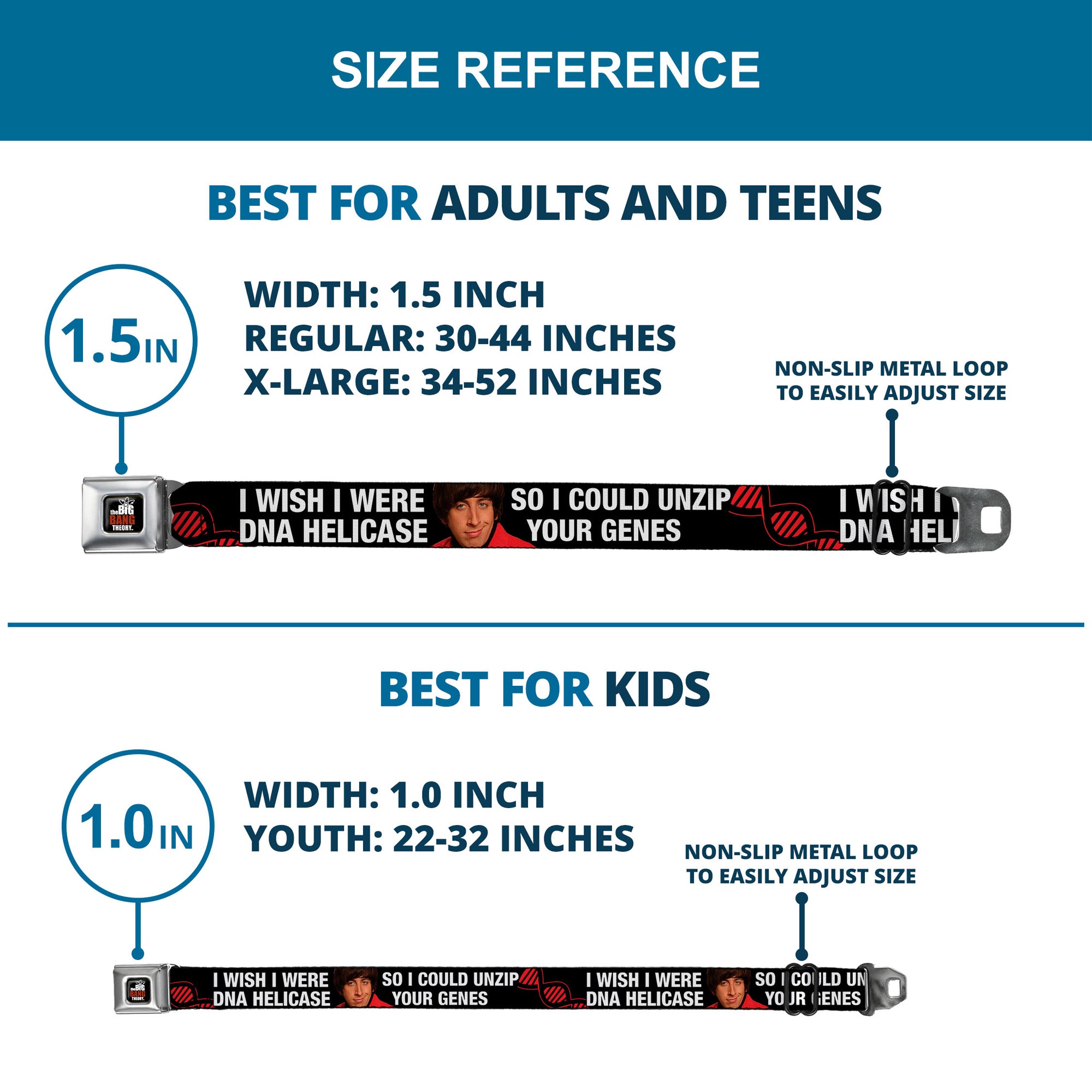 THE BIG BANG THEORY Full Color Black White Red Seatbelt Belt - Howard/Double Helix I WISH I WERE DNA HELICASE Black/White/Red Webbing Seatbelt Belts The Big Bang Theory