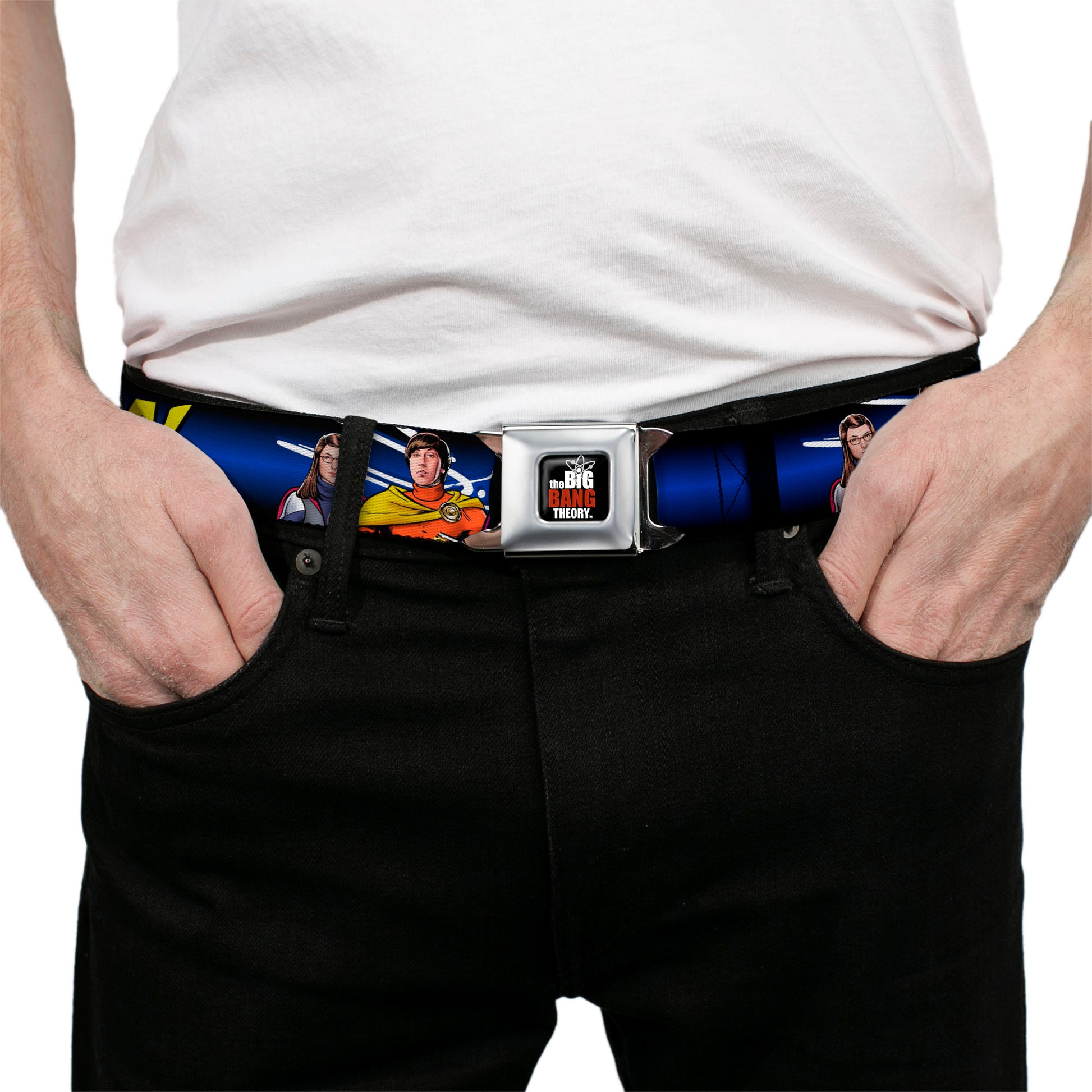 THE BIG BANG THEORY Full Color Black White Red Seatbelt Belt - The Big Bang Theory Superhero Characters Group BAZINGA! Black-Blue Fade Webbing Seatbelt Belts The Big Bang Theory