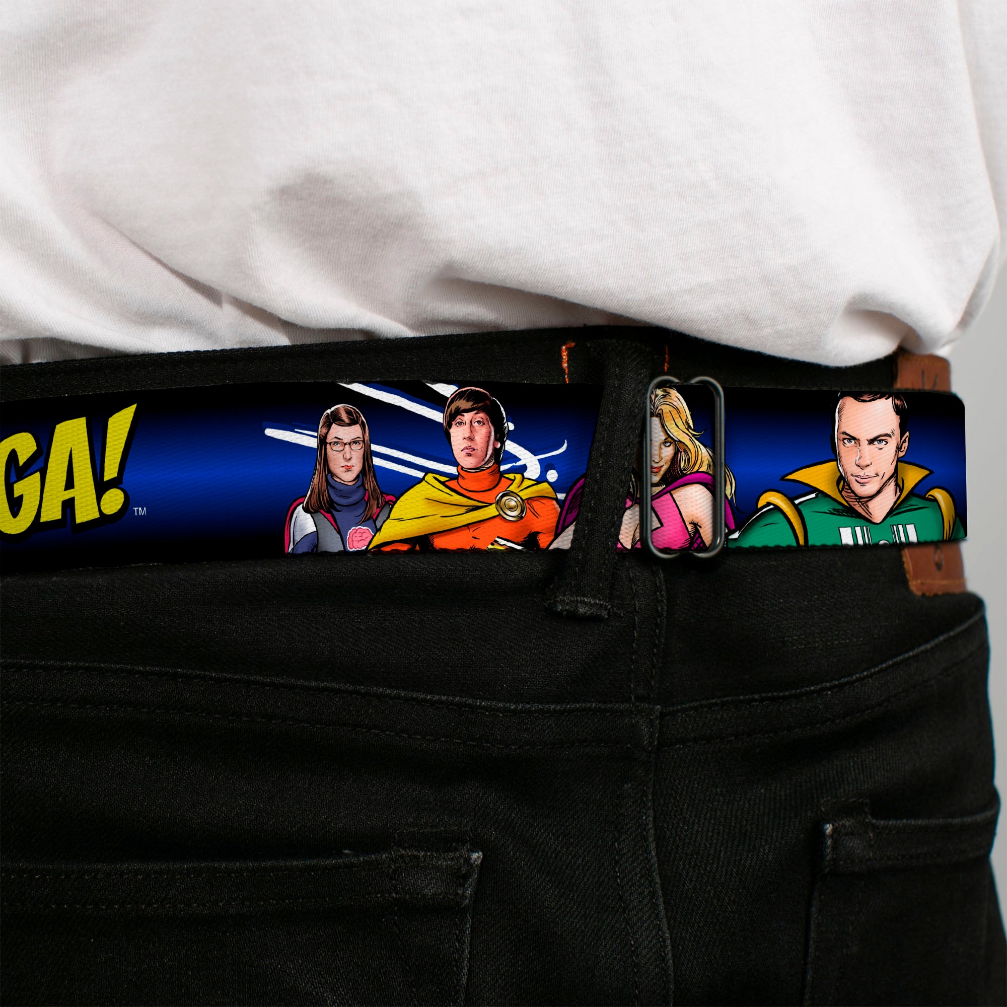 THE BIG BANG THEORY Full Color Black White Red Seatbelt Belt - The Big Bang Theory Superhero Characters Group BAZINGA! Black-Blue Fade Webbing Seatbelt Belts The Big Bang Theory