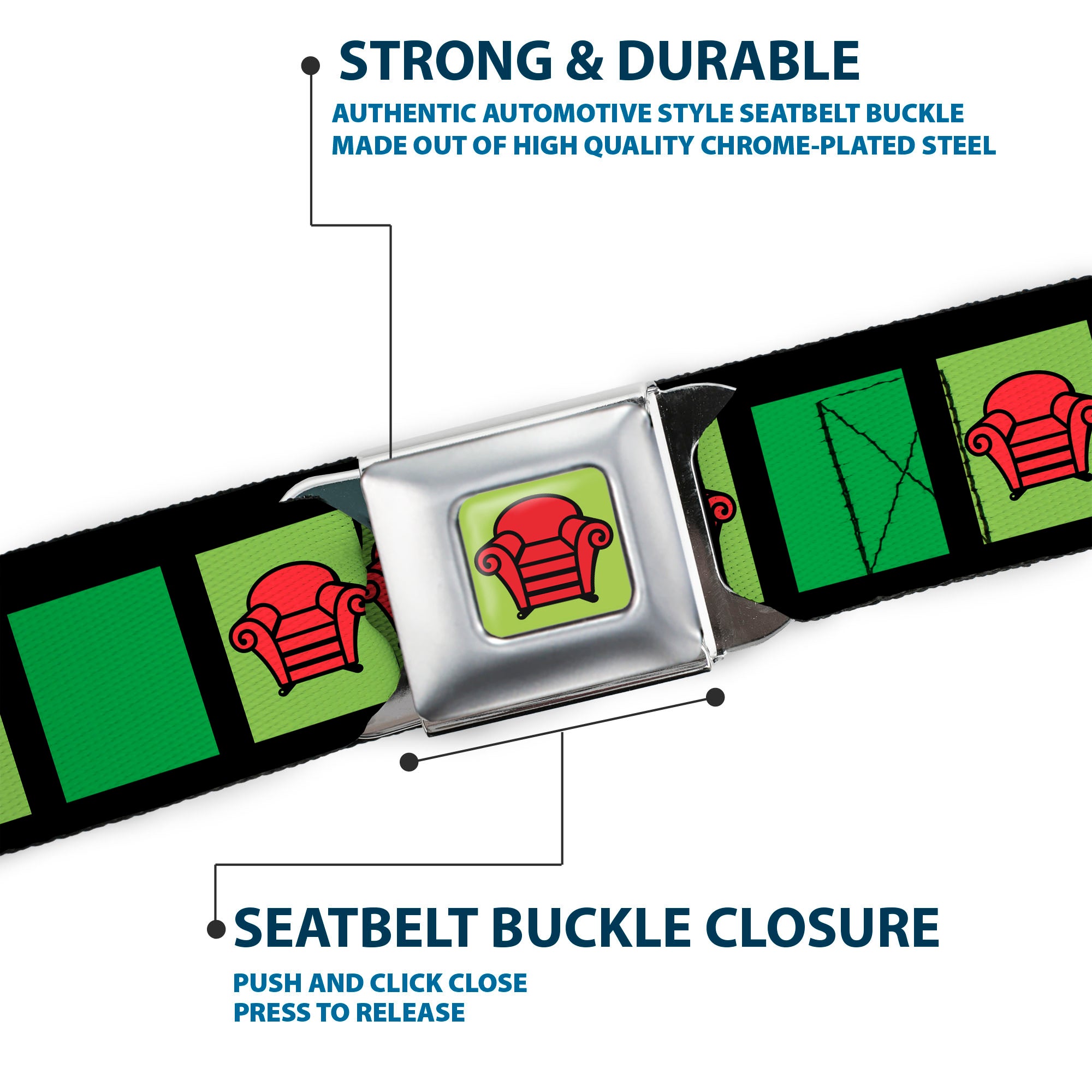 Blue's Clues Steve's Thinking Chair Full Color Green/Black/Red Seatbelt Belt - Blue's Clues Steve's Stripe and Thinking Chair Black/Greens/Red Webbing Seatbelt Belts Blue's Clues