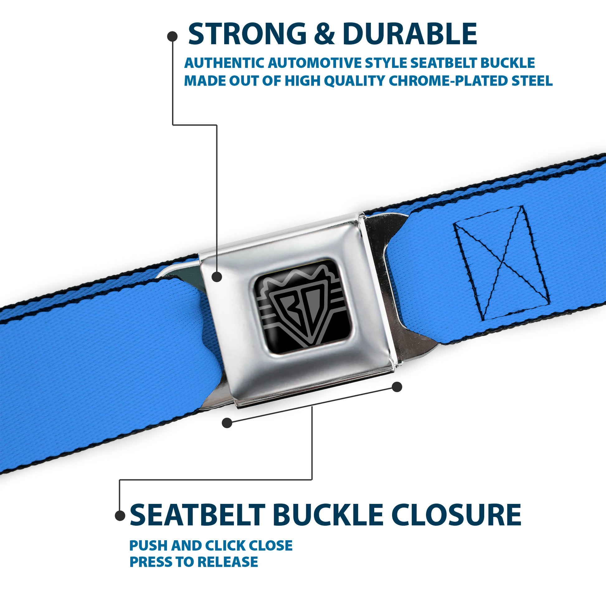 BD Wings Logo CLOSE-UP Full Color Black Silver Seatbelt Belt - Baby Blue Webbing Seatbelt Belts Buckle-Down