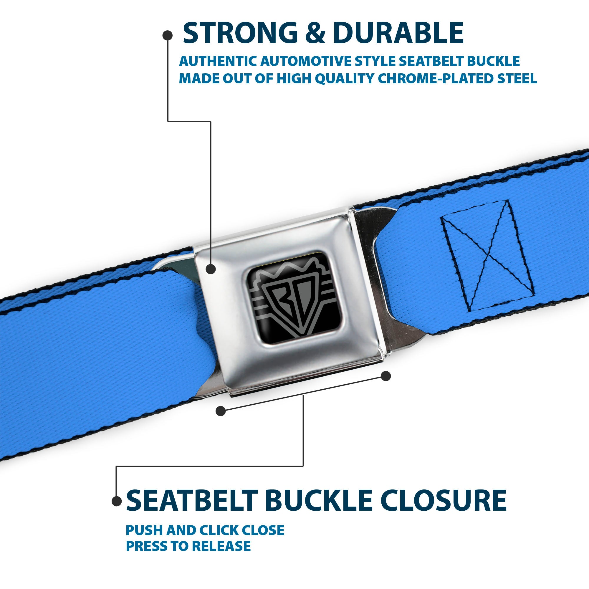 BD Wings Logo CLOSE-UP Full Color Black Silver Seatbelt Belt - Baby Blue Webbing Seatbelt Belts Buckle-Down