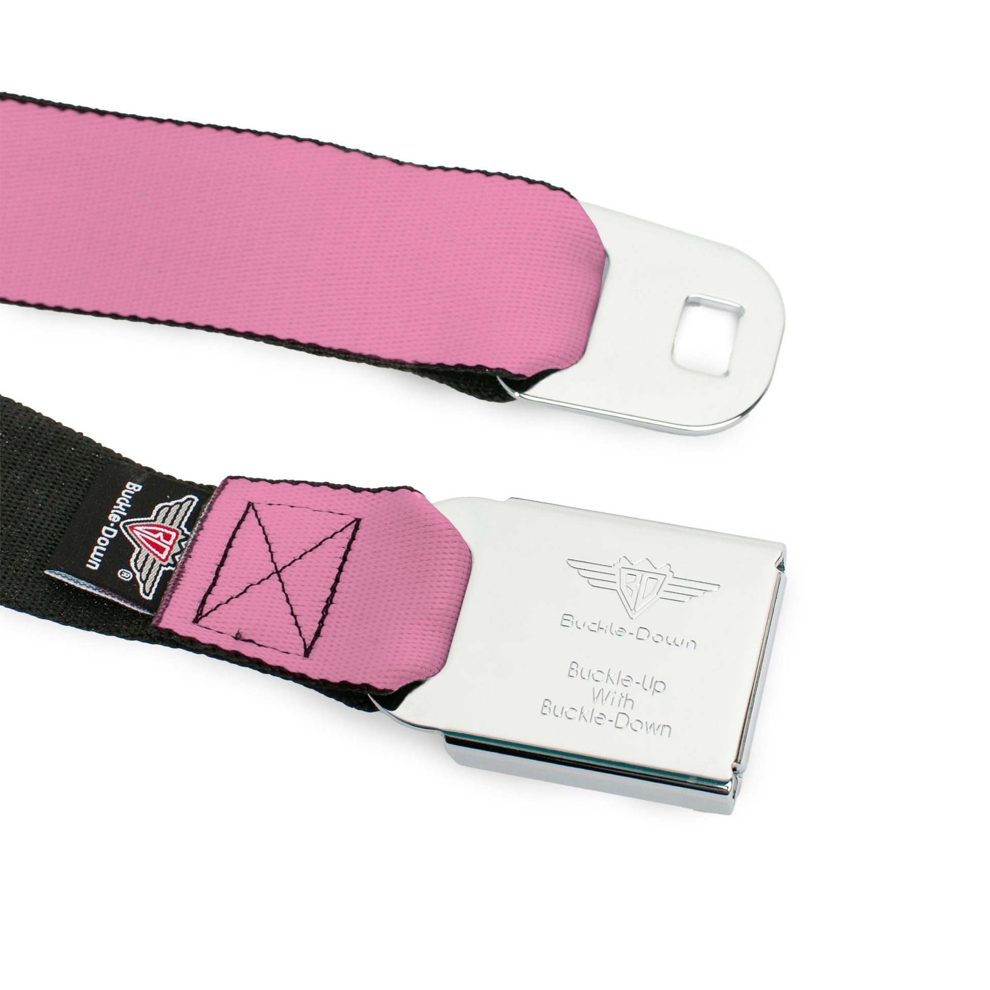 BD Wings Logo CLOSE-UP Full Color Black Silver Seatbelt Belt - Baby Pink Webbing Seatbelt Belts Buckle-Down