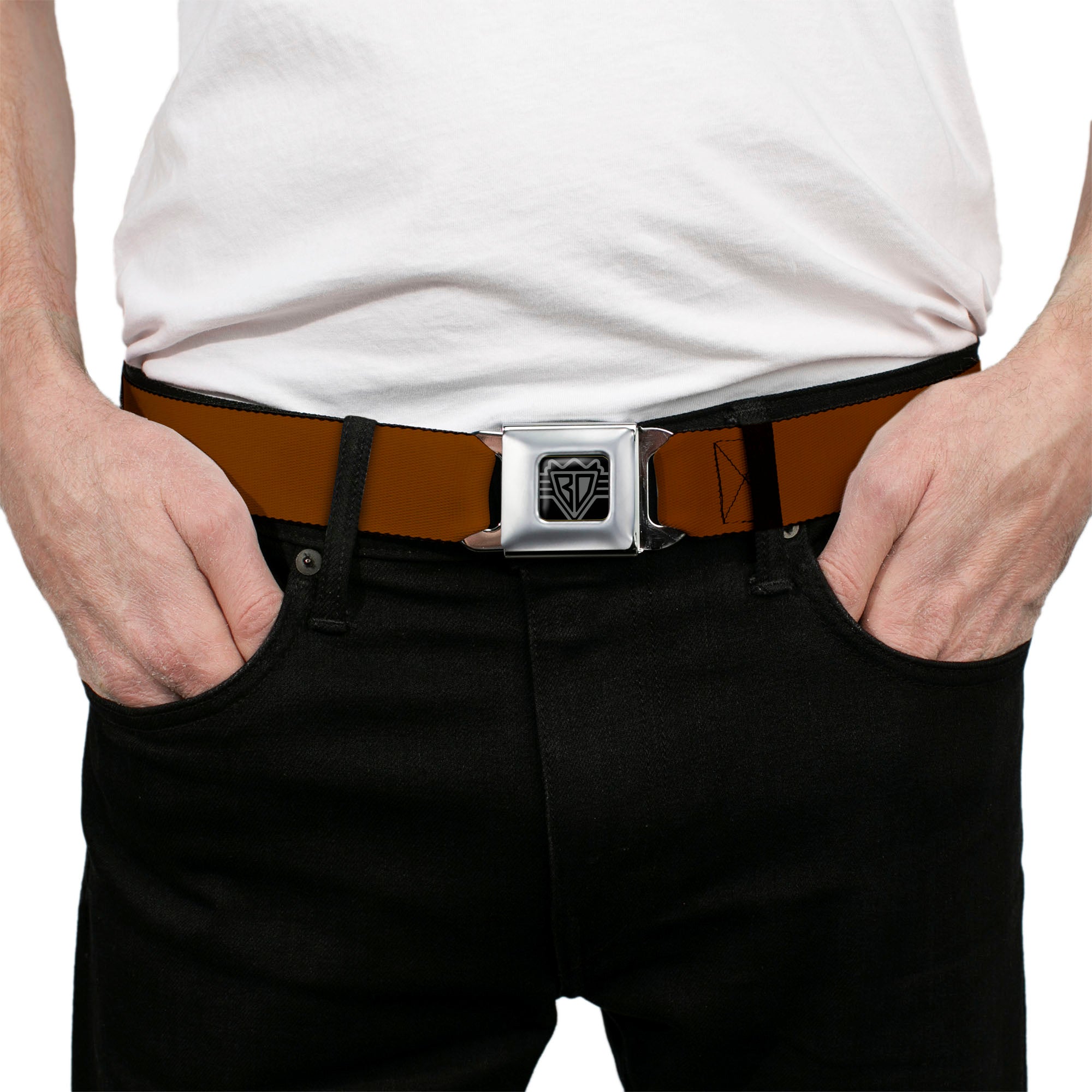 BD Wings Logo CLOSE-UP Full Color Black Silver Seatbelt Belt - Brown Webbing Seatbelt Belts Buckle-Down