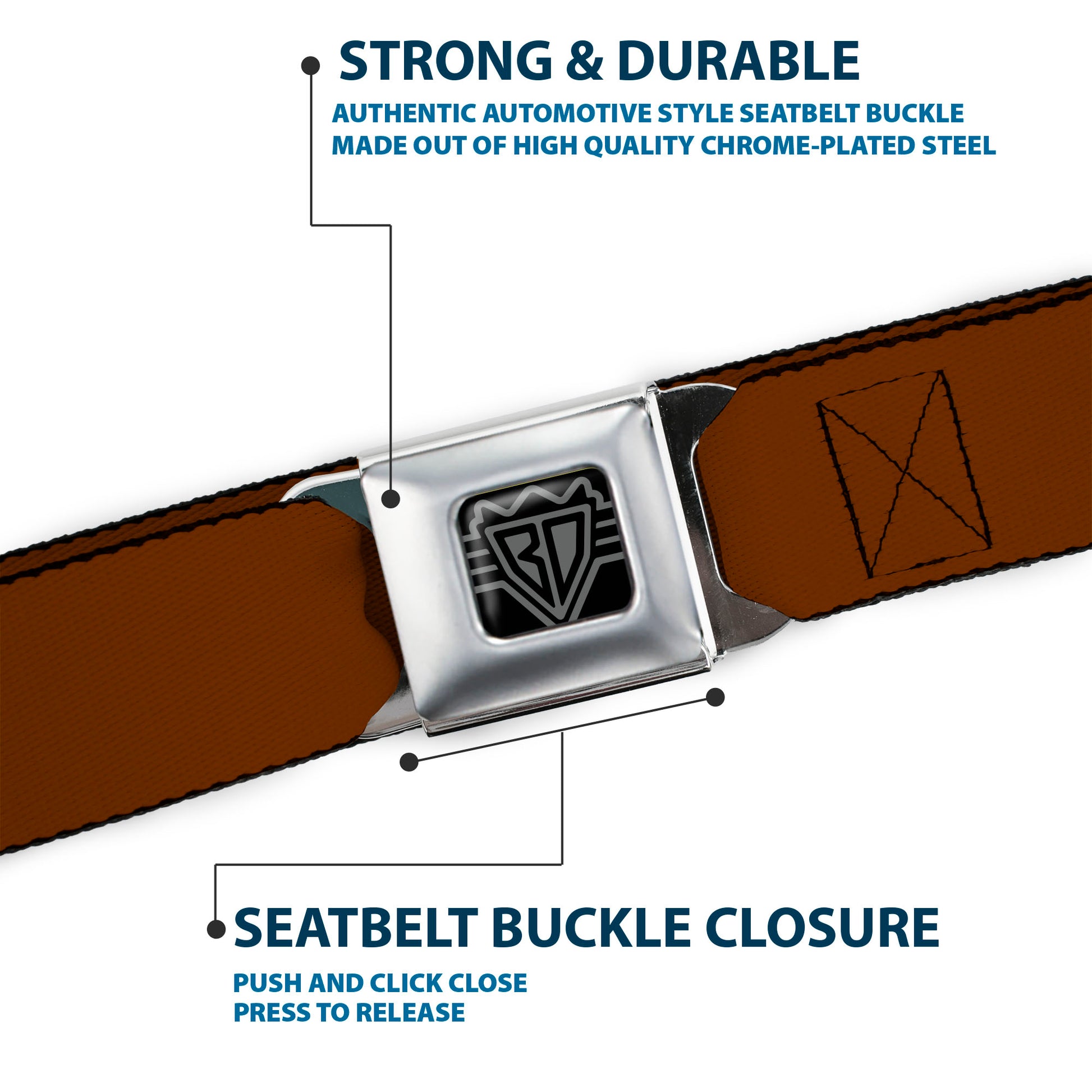 BD Wings Logo CLOSE-UP Full Color Black Silver Seatbelt Belt - Brown Webbing Seatbelt Belts Buckle-Down