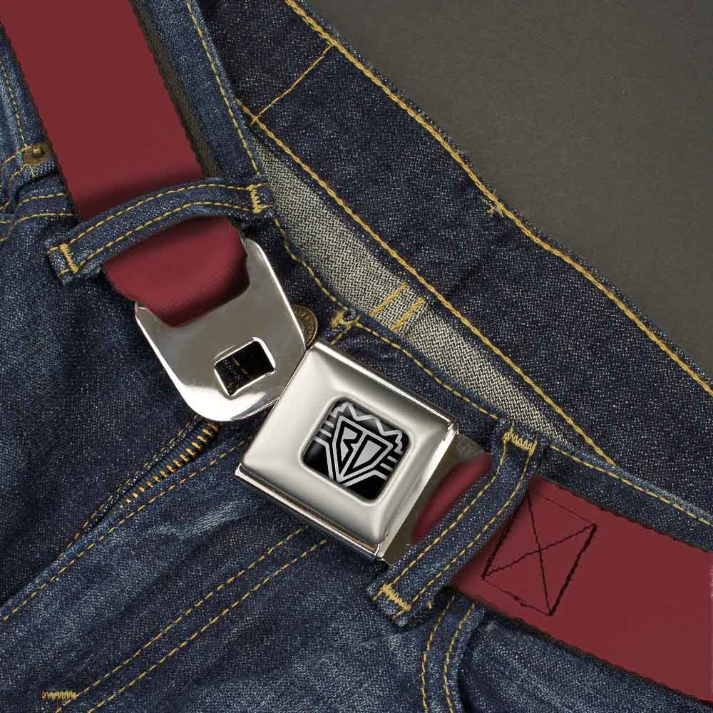 BD Wings Logo CLOSE-UP Full Color Black Silver Seatbelt Belt - Burgundy Webbing Seatbelt Belts Buckle-Down