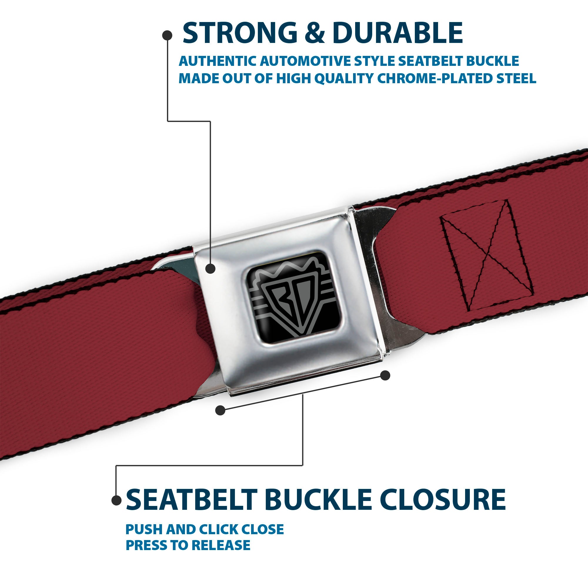 BD Wings Logo CLOSE-UP Full Color Black Silver Seatbelt Belt - Burgundy Webbing Seatbelt Belts Buckle-Down