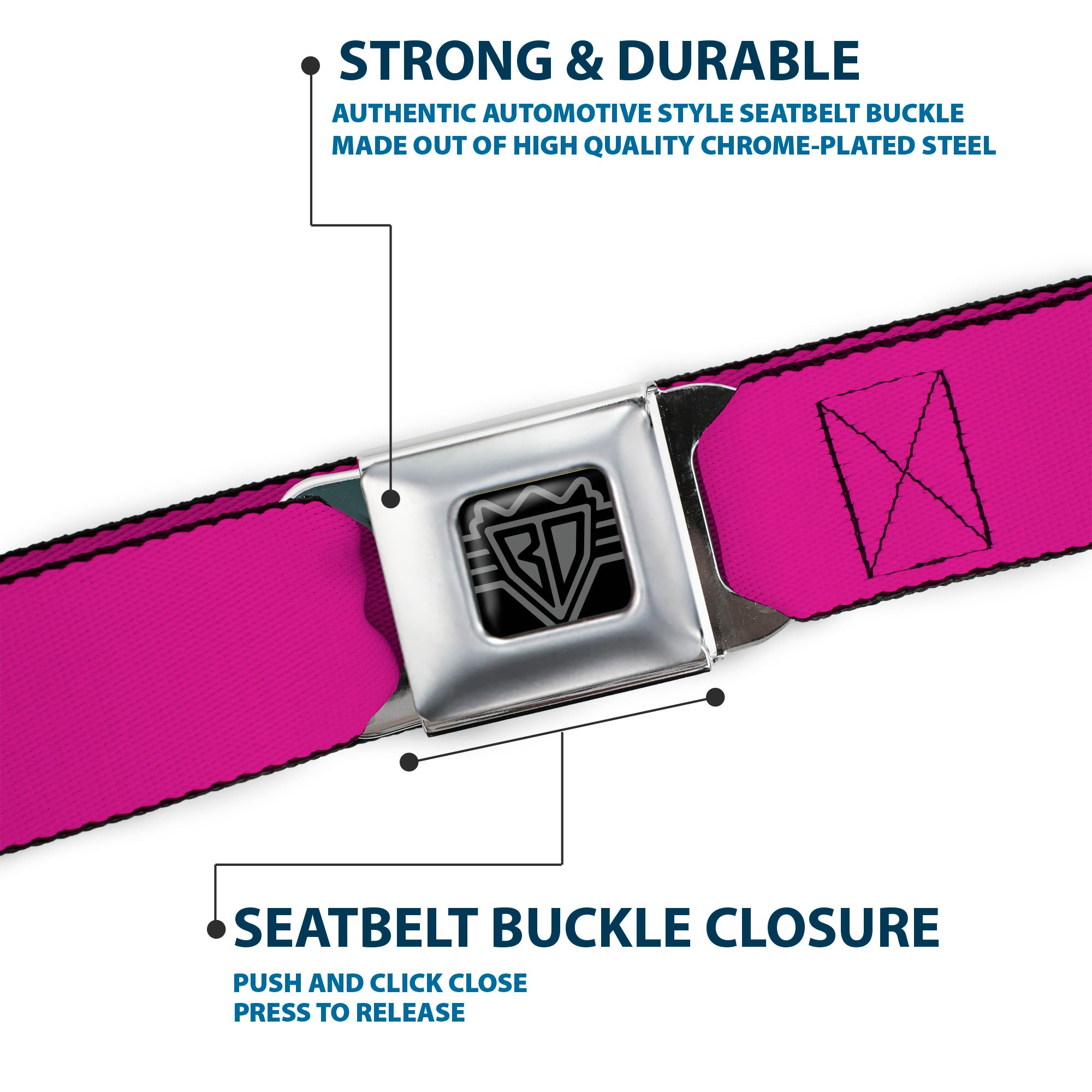 BD Wings Logo CLOSE-UP Full Color Black Silver Seatbelt Belt - Fuchsia Webbing Seatbelt Belts Buckle-Down