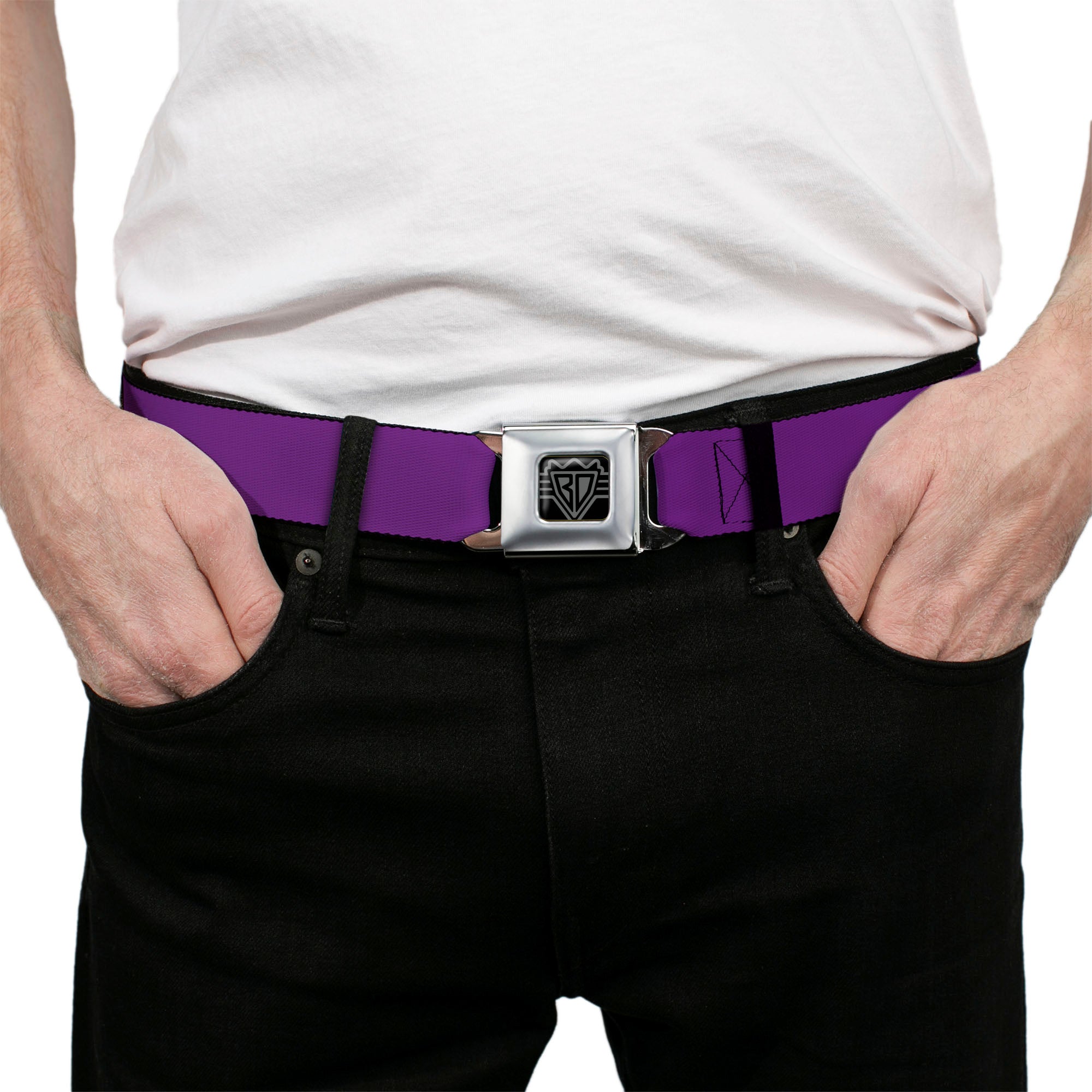 BD Wings Logo CLOSE-UP Full Color Black Silver Seatbelt Belt - Purple Webbing Seatbelt Belts Buckle-Down