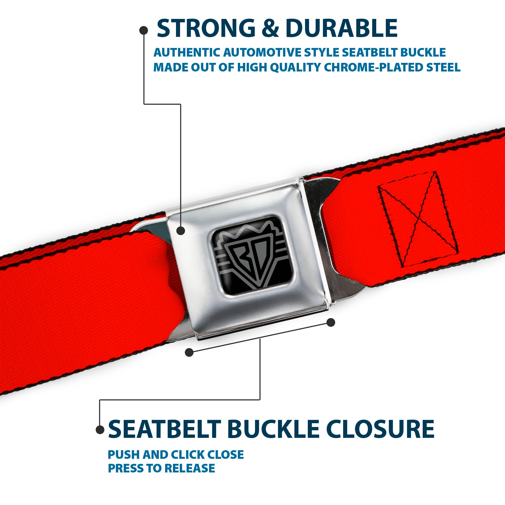 BD Wings Logo CLOSE-UP Full Color Black Silver Seatbelt Belt - Red Webbing Seatbelt Belts Buckle-Down