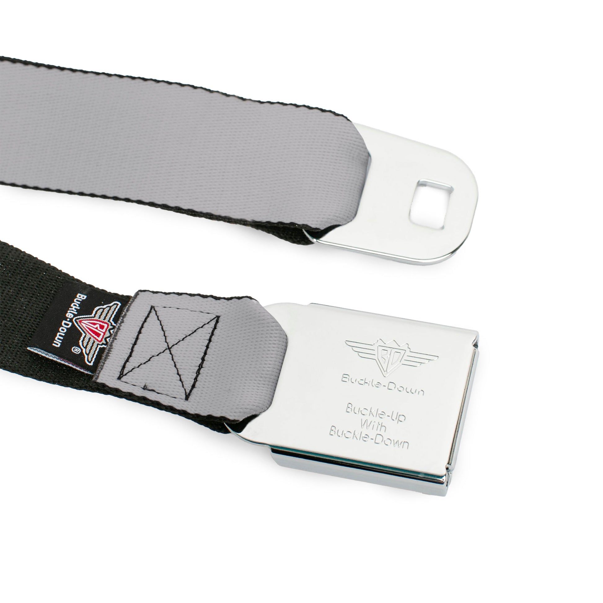 BD Wings Logo CLOSE-UP Full Color Black Silver Seatbelt Belt - Silver Webbing Seatbelt Belts Buckle-Down