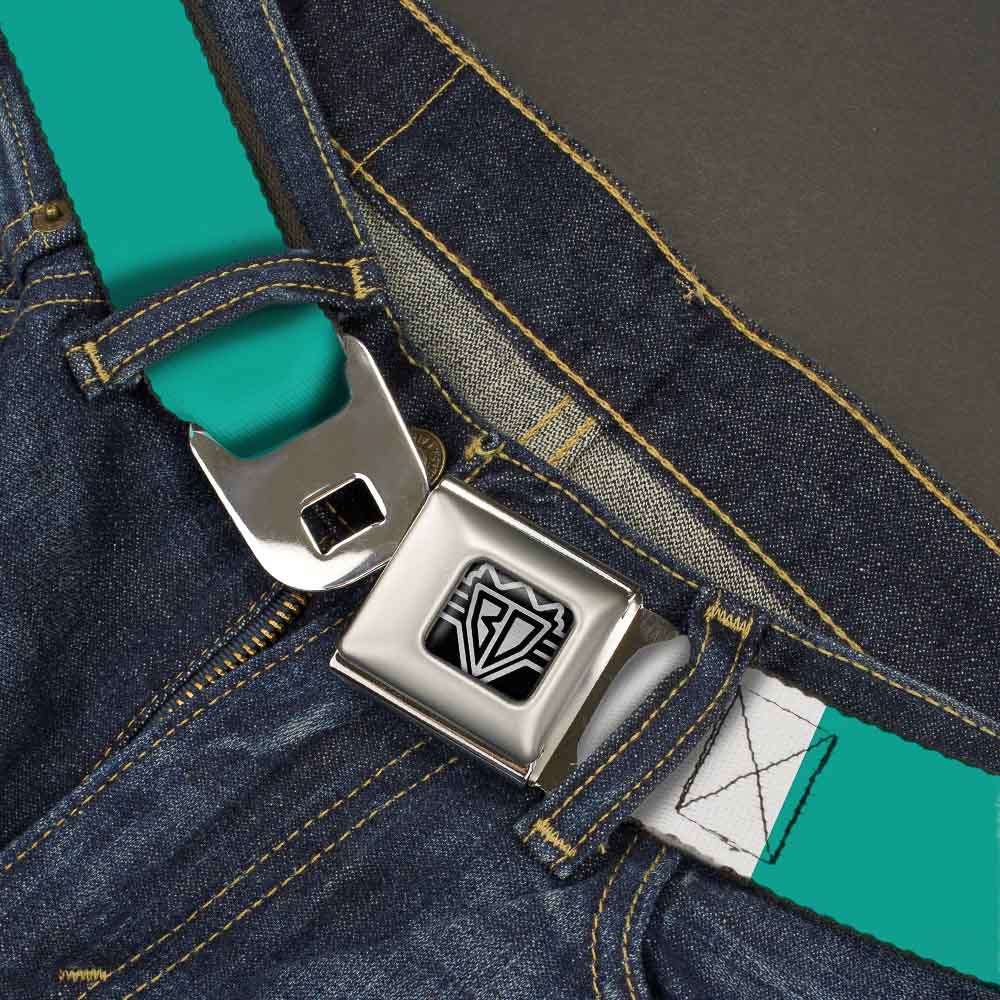 BD Wings Logo CLOSE-UP Full Color Black Silver Seatbelt Belt - Teal Webbing Seatbelt Belts Buckle-Down
