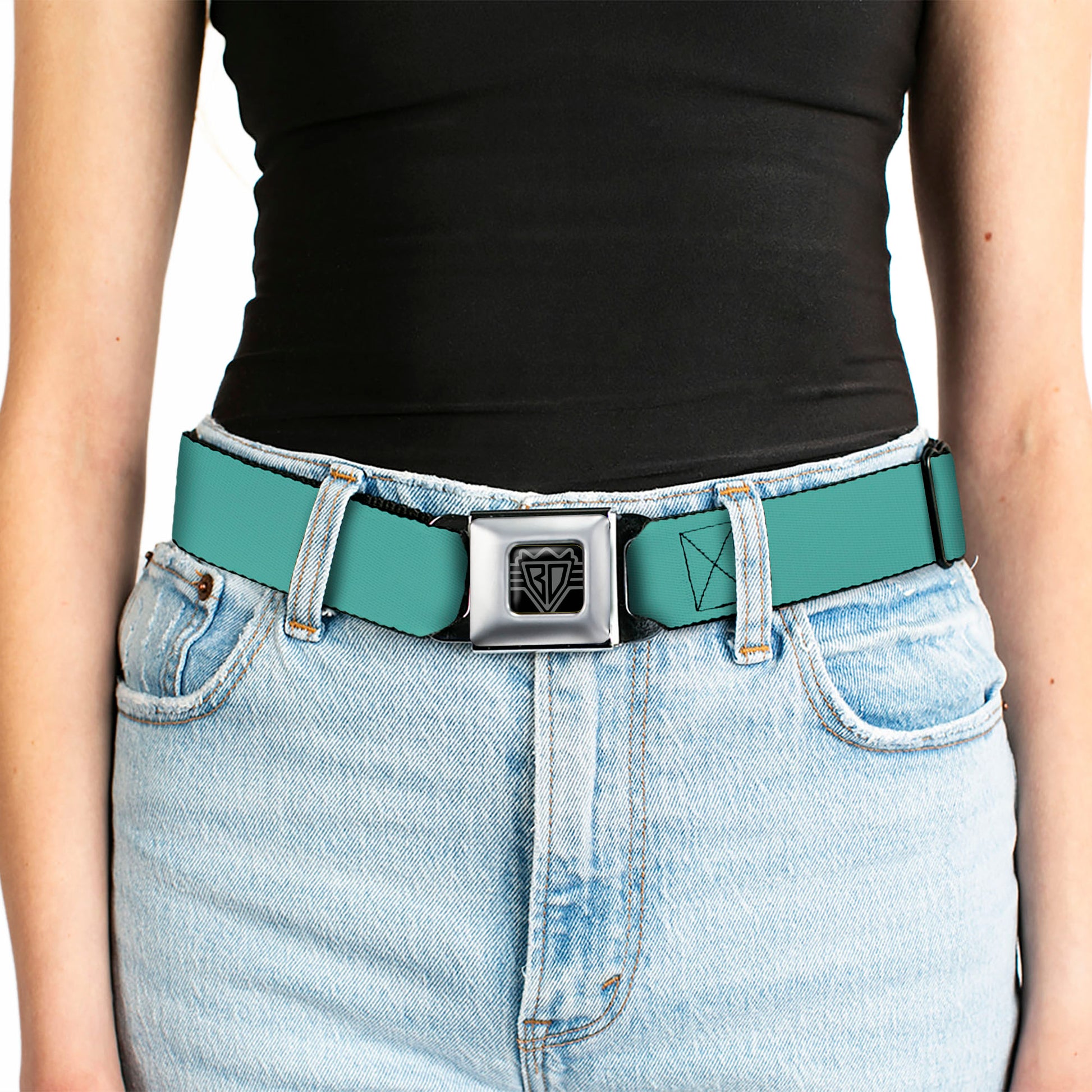BD Wings Logo CLOSE-UP Full Color Black Silver Seatbelt Belt - Teal Webbing Seatbelt Belts Buckle-Down
