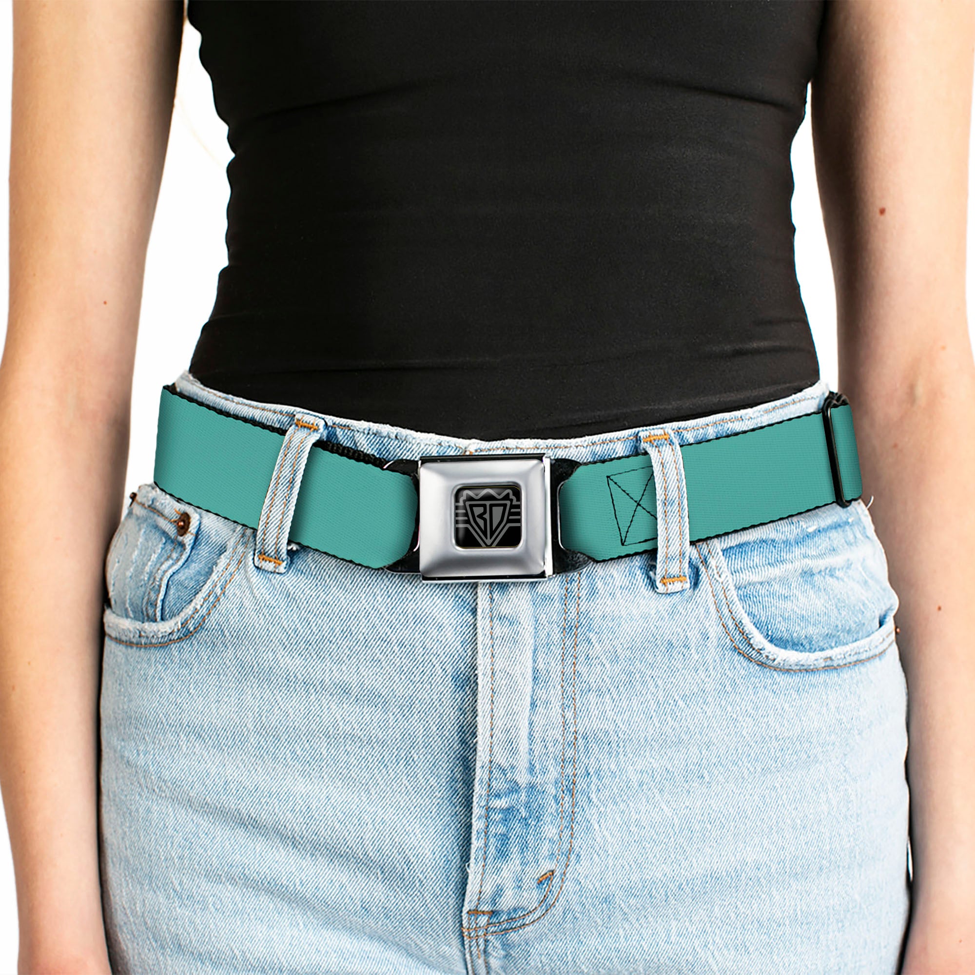 BD Wings Logo CLOSE-UP Full Color Black Silver Seatbelt Belt - Teal Webbing Seatbelt Belts Buckle-Down