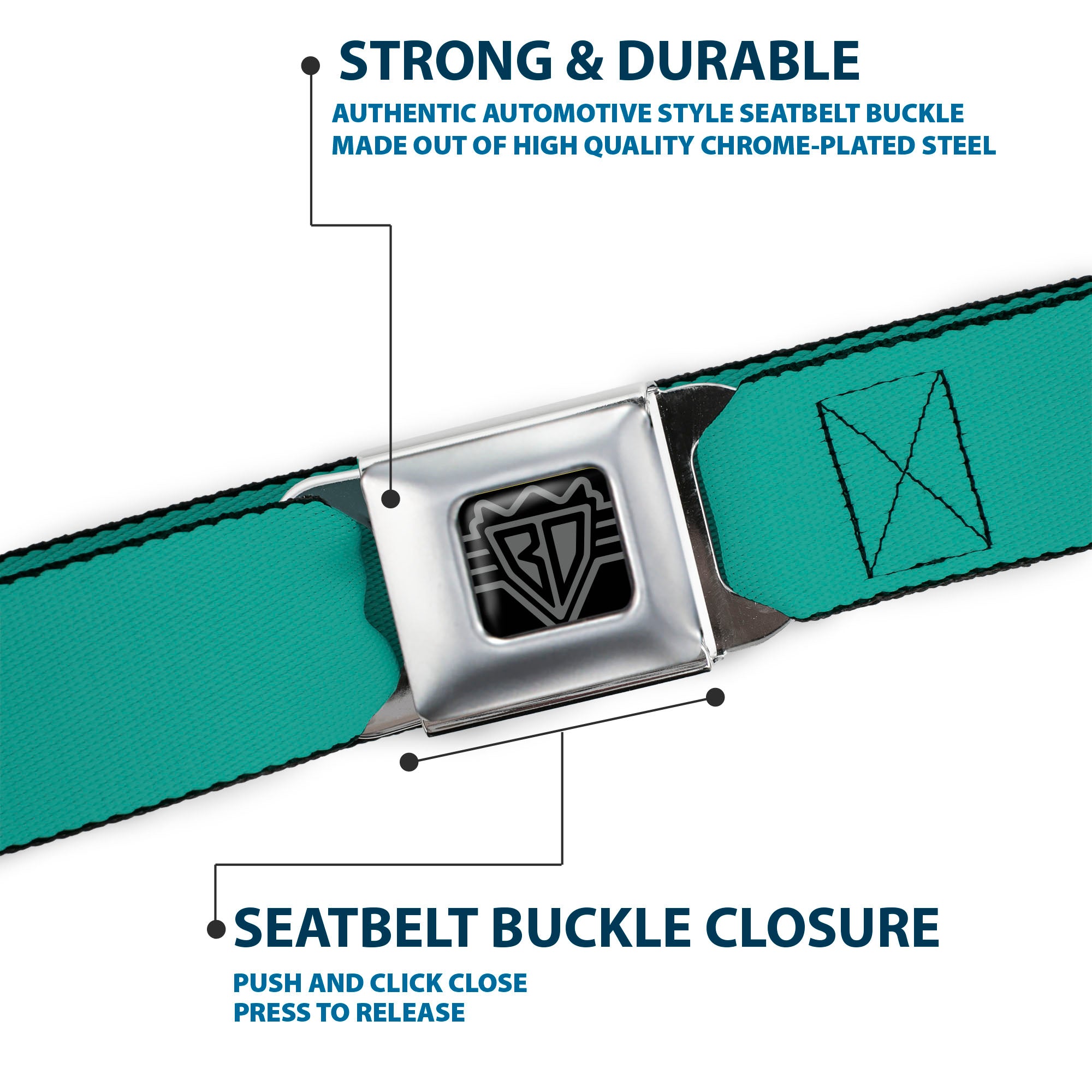 BD Wings Logo CLOSE-UP Full Color Black Silver Seatbelt Belt - Teal Webbing Seatbelt Belts Buckle-Down