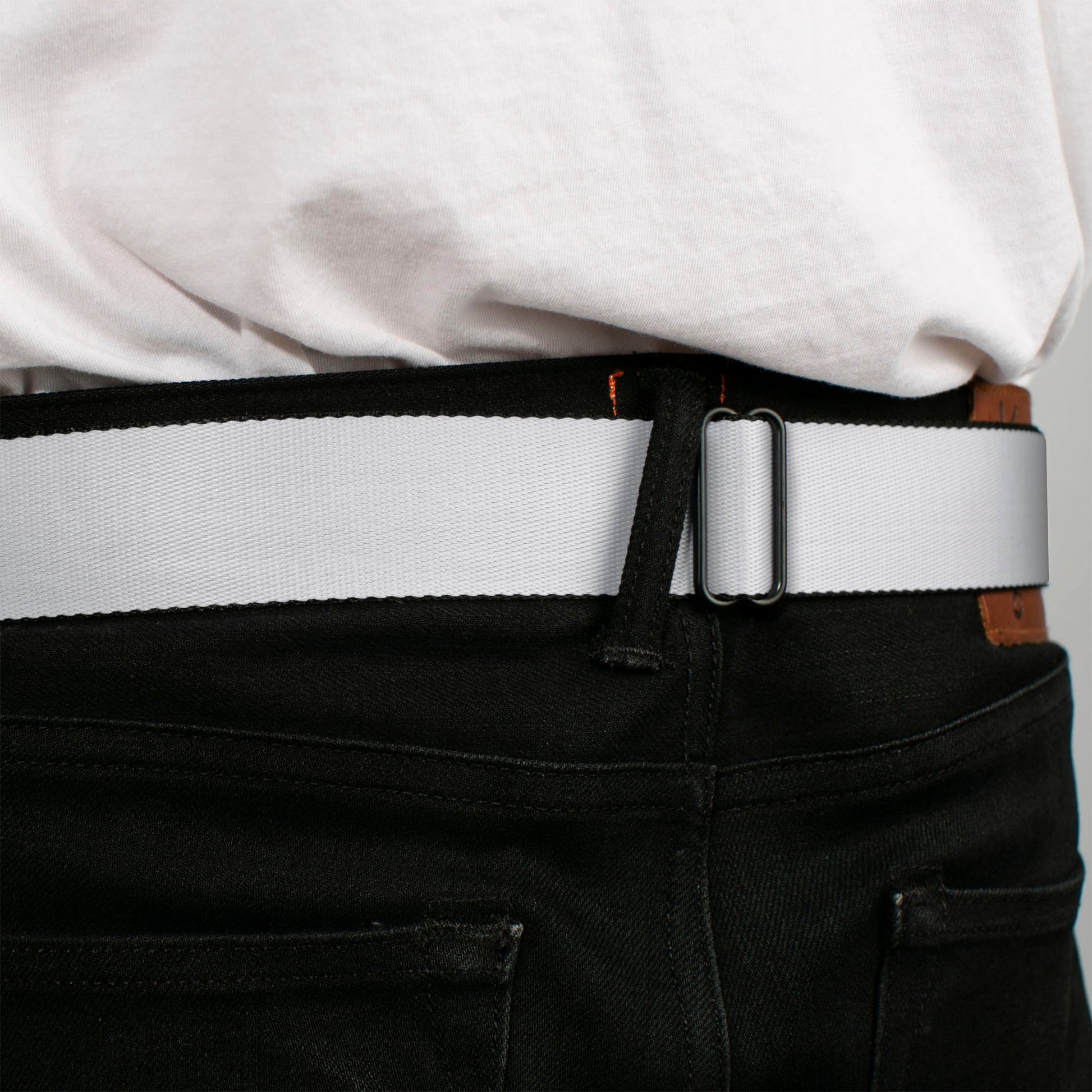 BD Wings Logo CLOSE-UP Full Color Black Silver Seatbelt Belt - White Webbing Seatbelt Belts Buckle-Down