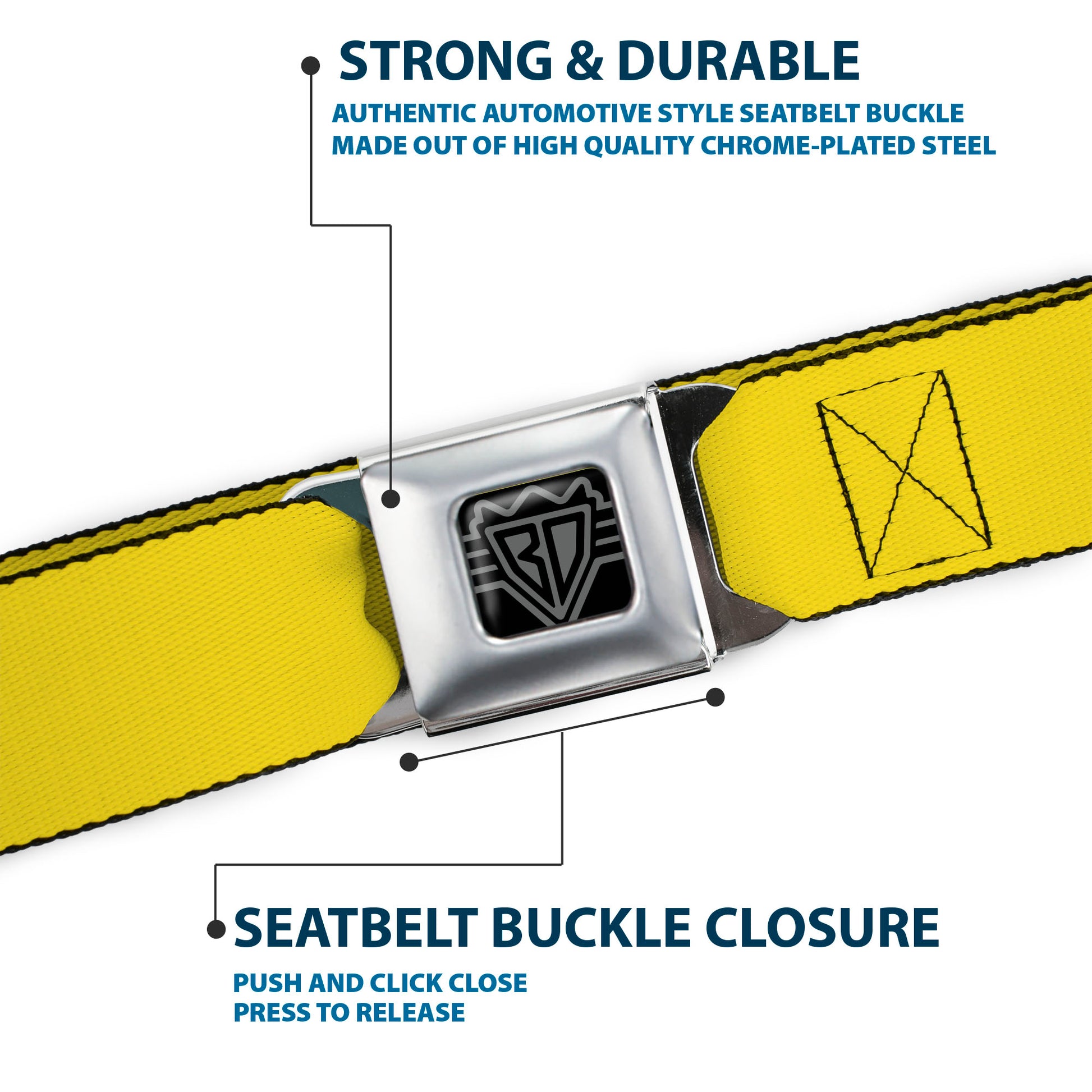 BD Wings Logo CLOSE-UP Full Color Black Silver Seatbelt Belt - Yellow Webbing Seatbelt Belts Buckle-Down