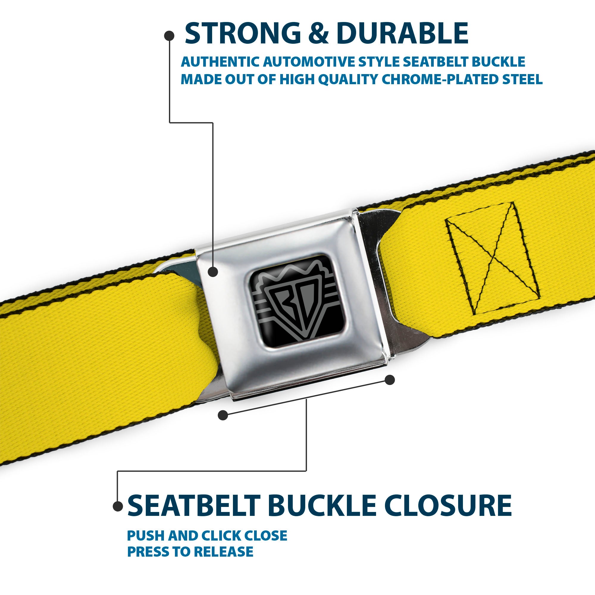 BD Wings Logo CLOSE-UP Full Color Black Silver Seatbelt Belt - Yellow Webbing Seatbelt Belts Buckle-Down
