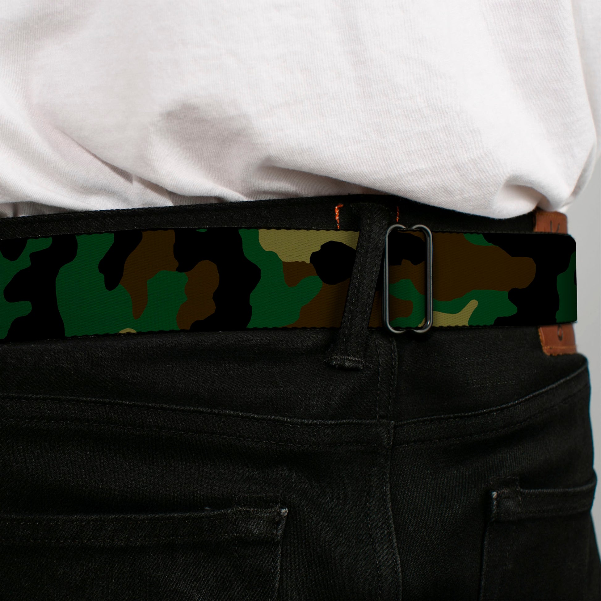 BD Wings Logo CLOSE-UP Full Color Black Silver Seatbelt Belt - Camo Olive Webbing Seatbelt Belts Buckle-Down
