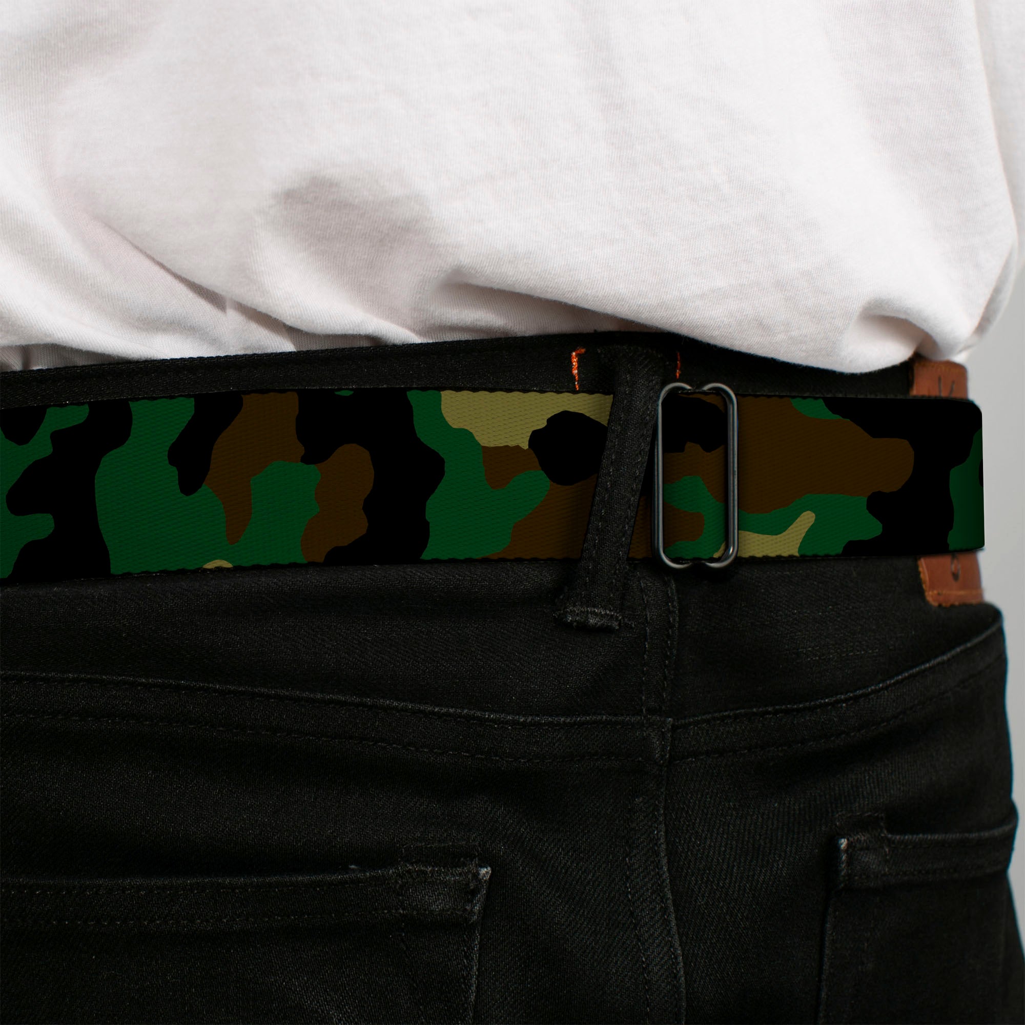 BD Wings Logo CLOSE-UP Full Color Black Silver Seatbelt Belt - Camo Olive Webbing Seatbelt Belts Buckle-Down